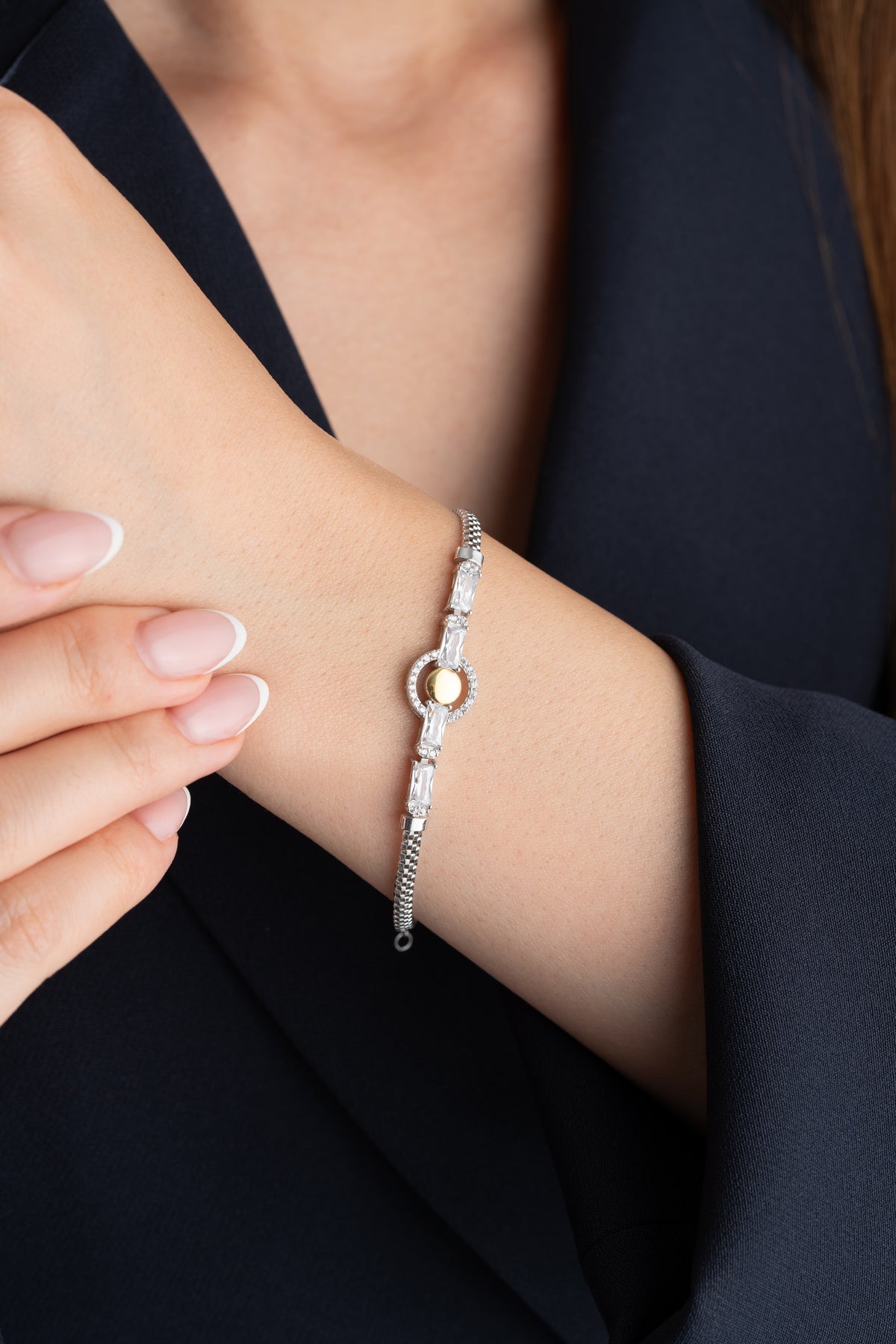Two Tone Mesh Bracelet with Crystal Halo