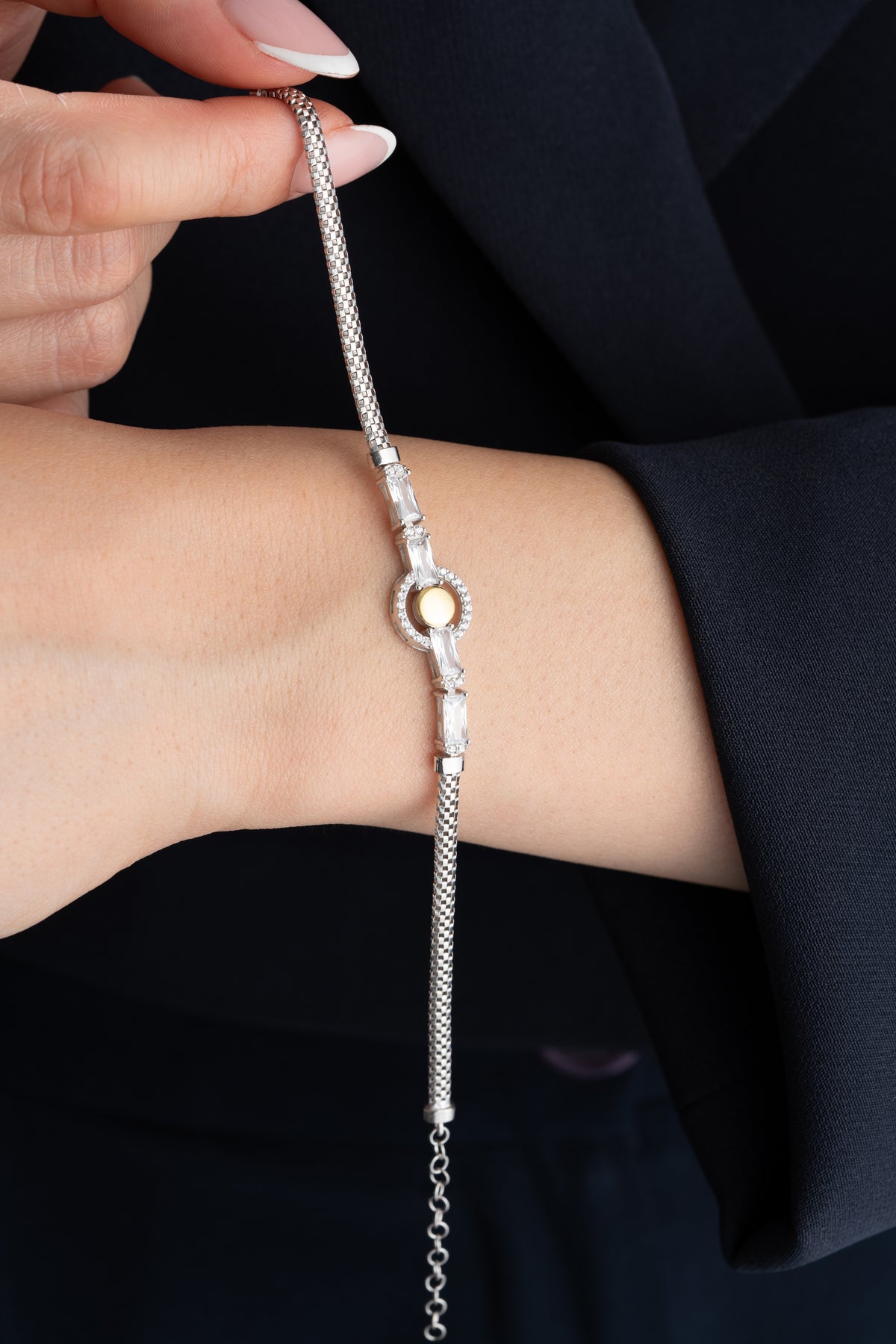 Two Tone Mesh Bracelet with Crystal Halo
