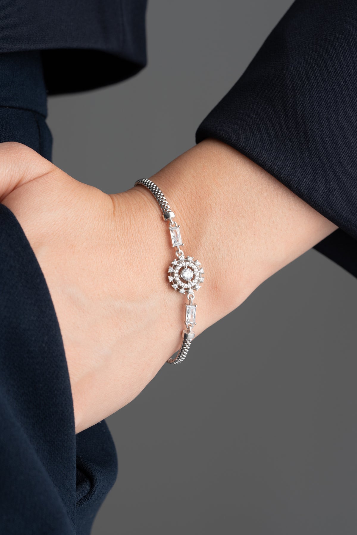 Crystal Flower Medallion Bracelet in Silver