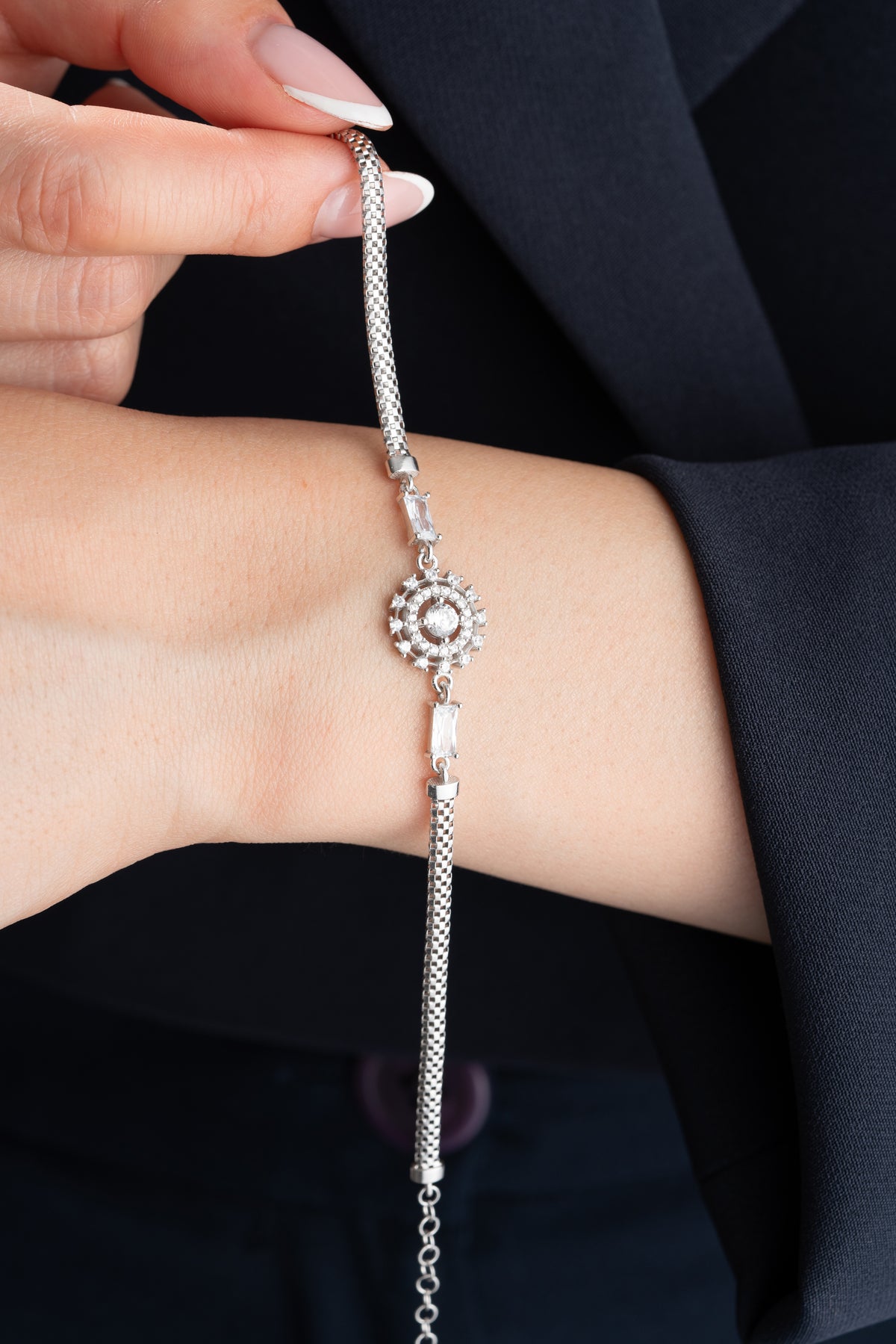 Crystal Flower Medallion Bracelet in Silver