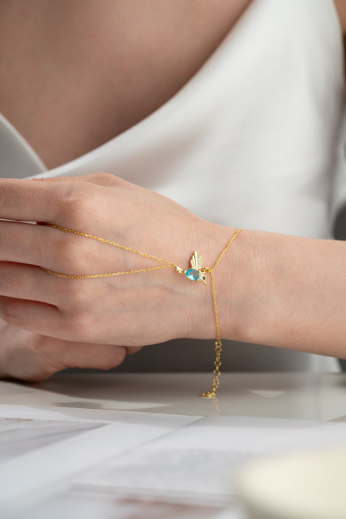 Bee Charm Crystal Hand Chain Bracelet in Gold