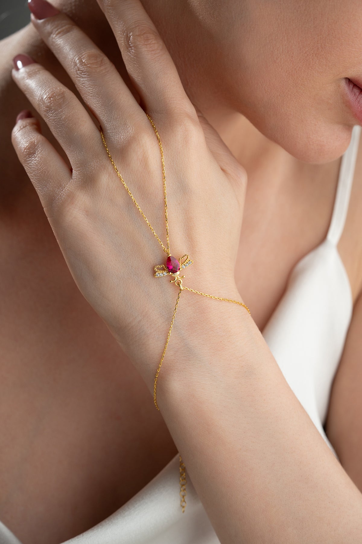 Ruby Bee Charm Hand Chain Bracelet
