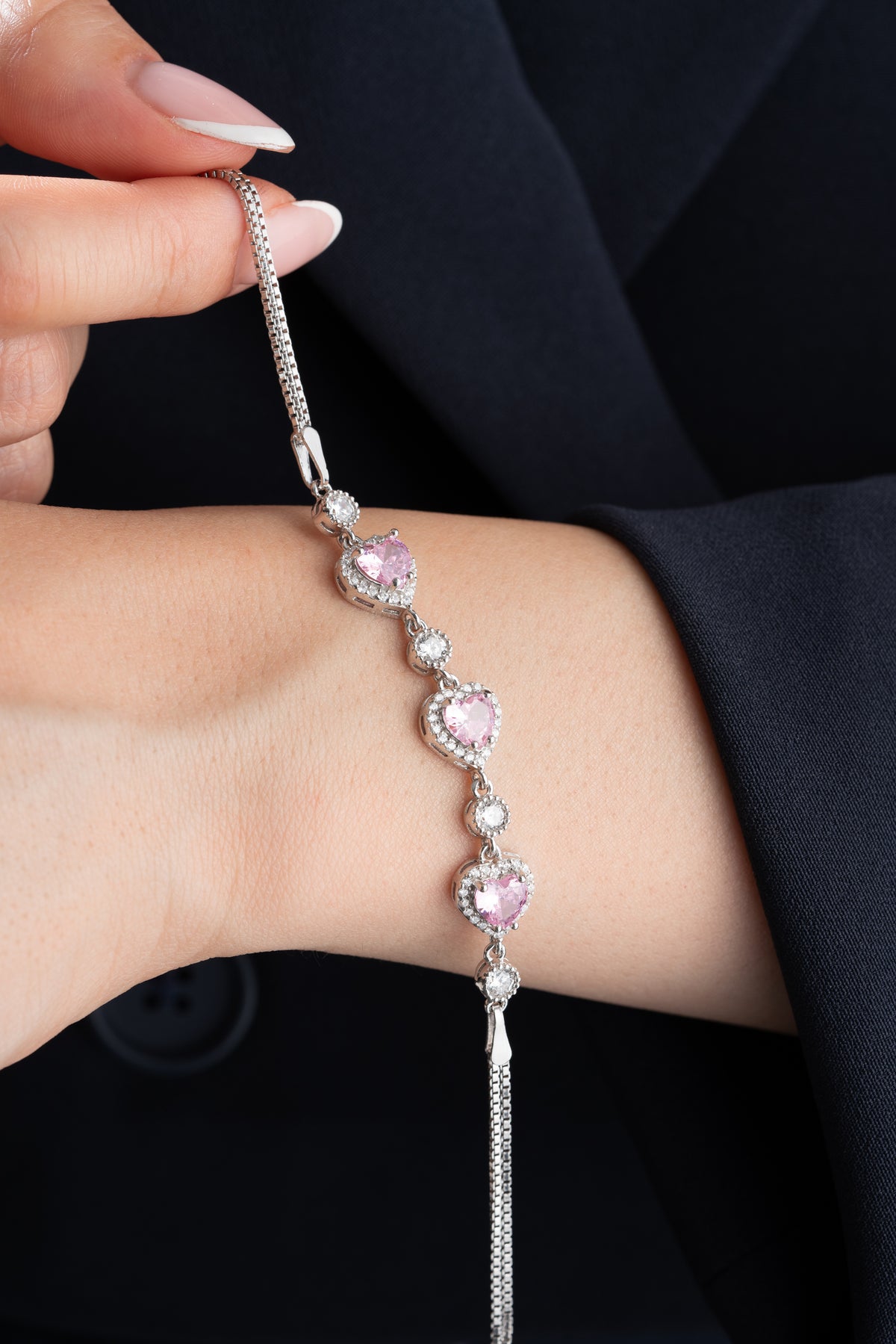Triple Heart Halo Bracelet in Silver