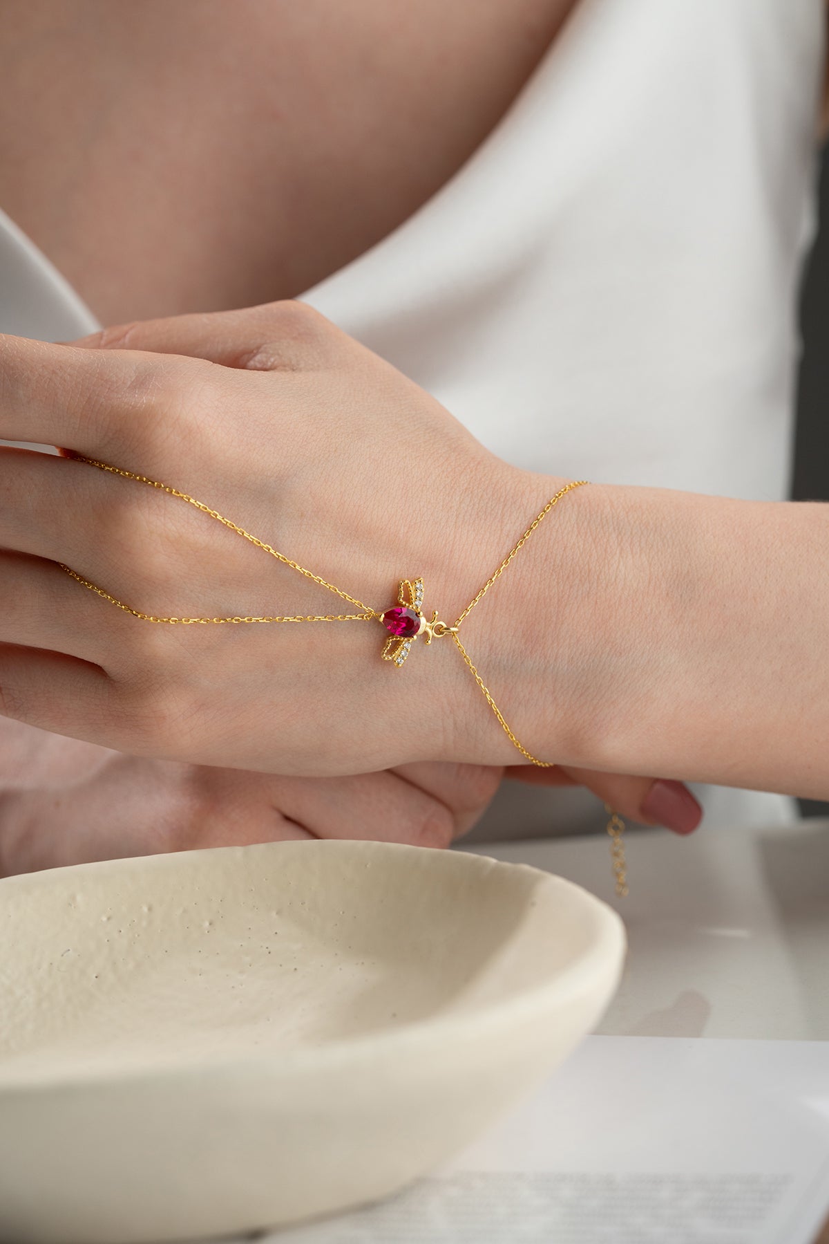 Ruby Bee Charm Hand Chain Bracelet