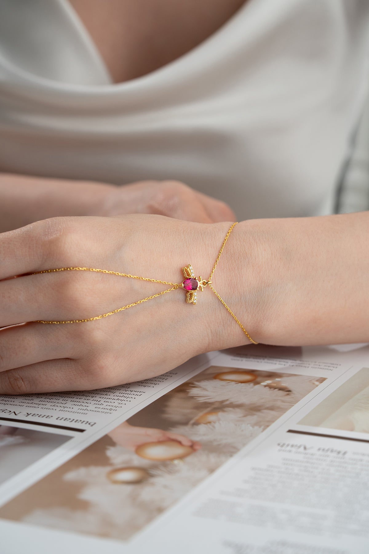 Ruby Bee Charm Hand Chain Bracelet