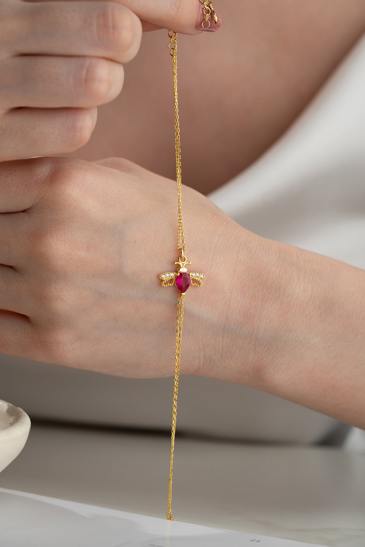 Ruby Bee Charm Hand Chain Bracelet