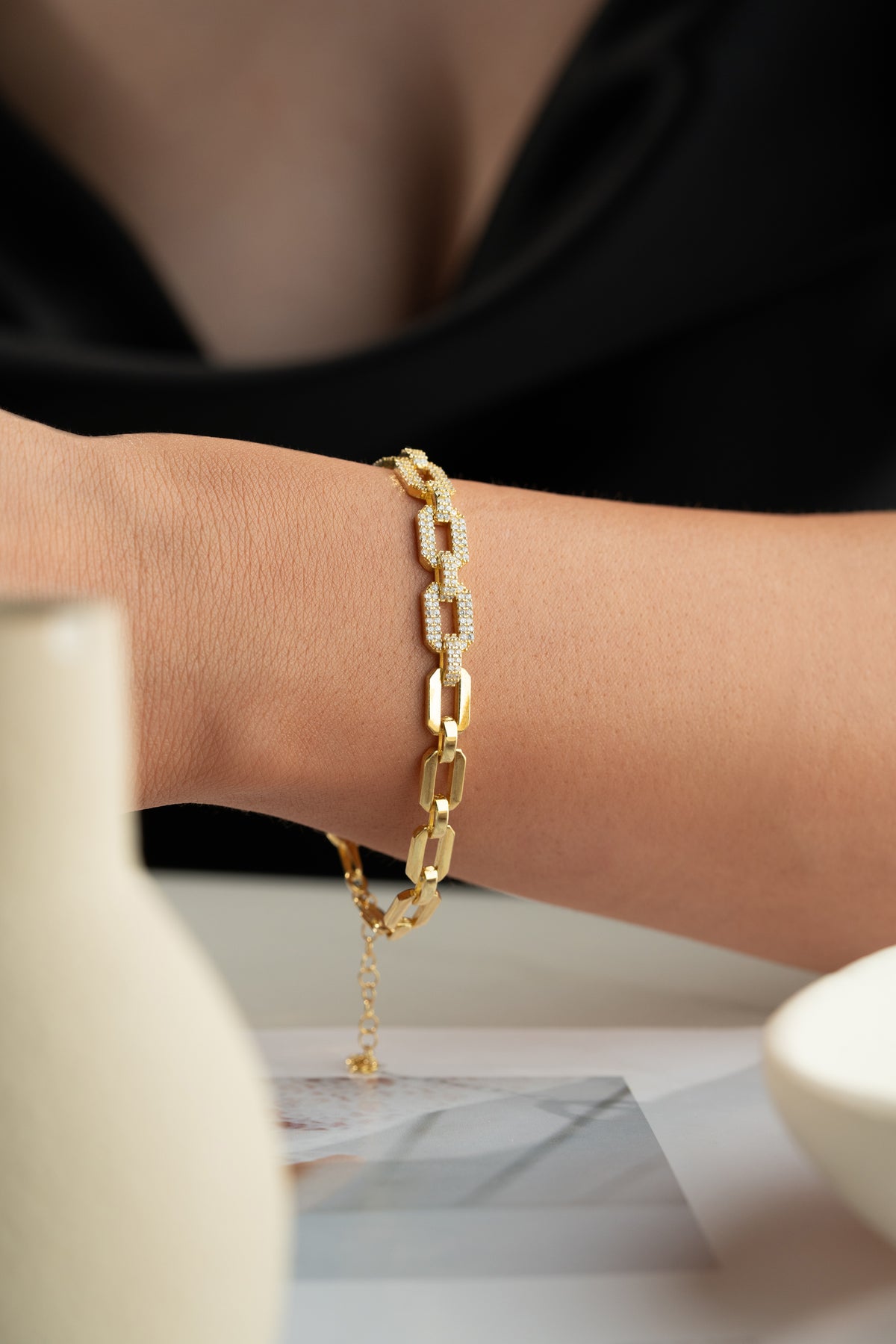 Pave Paperclip Chain Bracelet in Gold