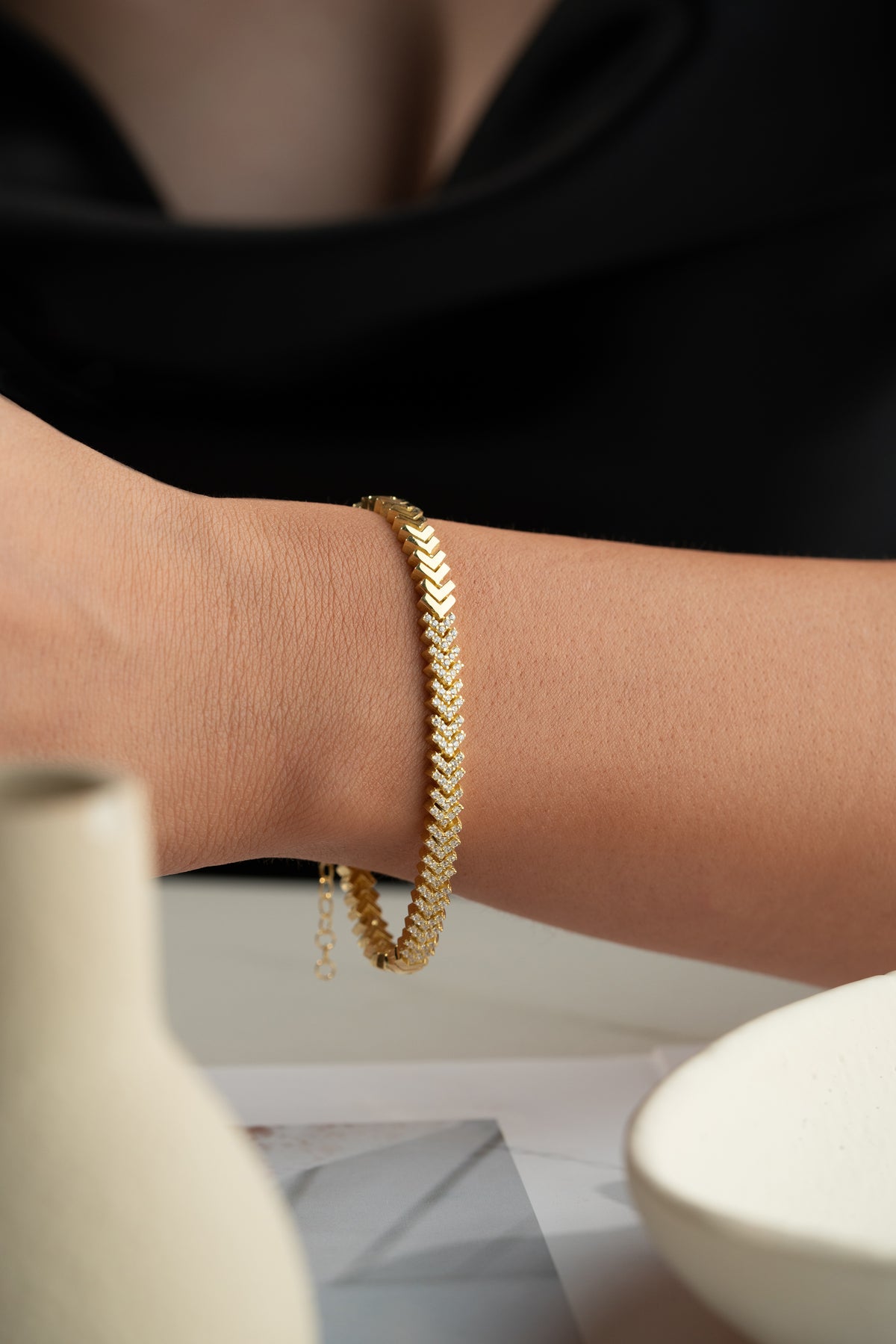Pave Chevron Link Bracelet in Gold