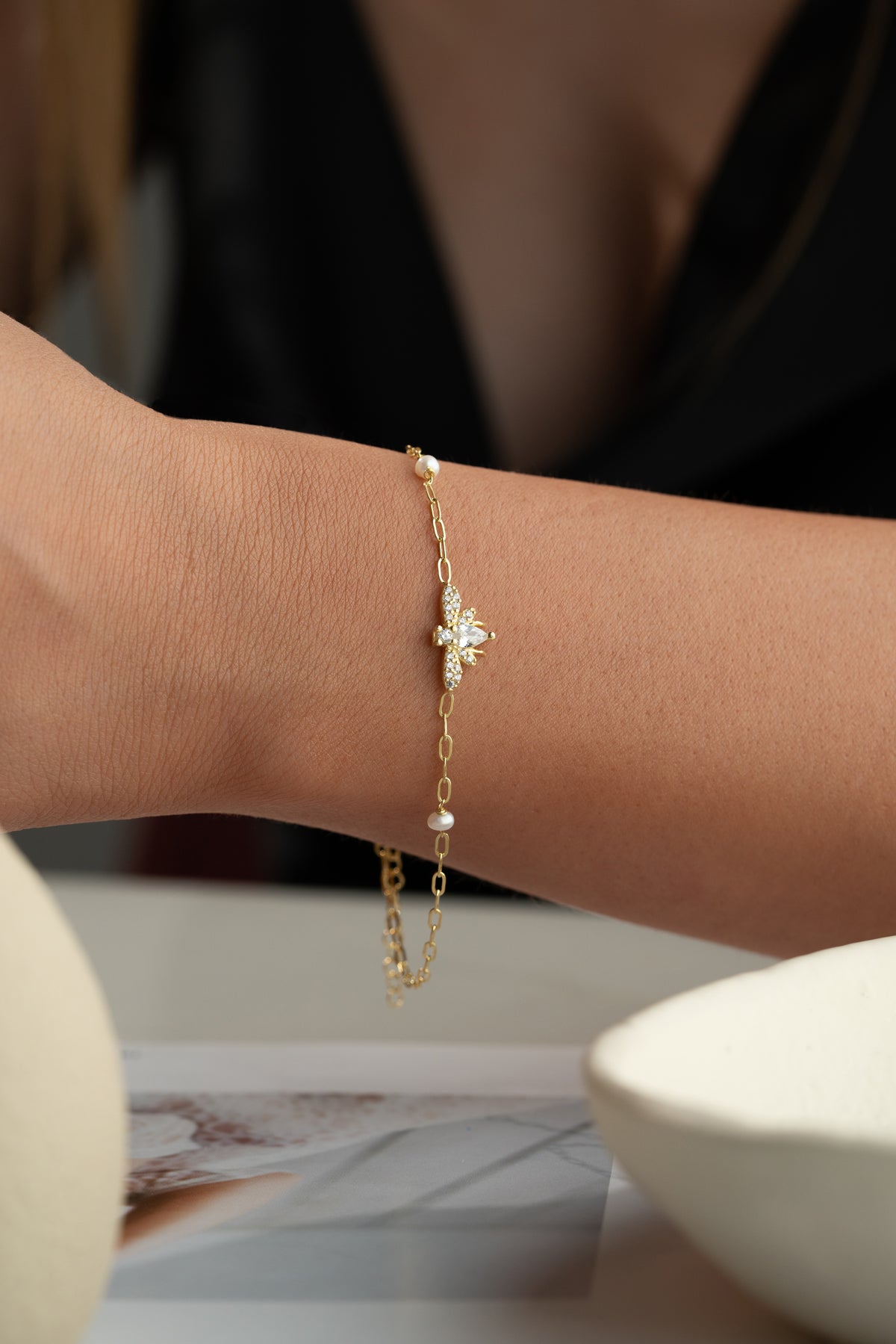 Pearl and Crystal Bee Charm Bracelet