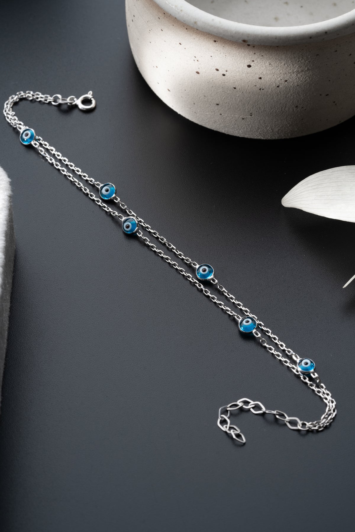 Double Chain Evil Eye Bracelet in Silver