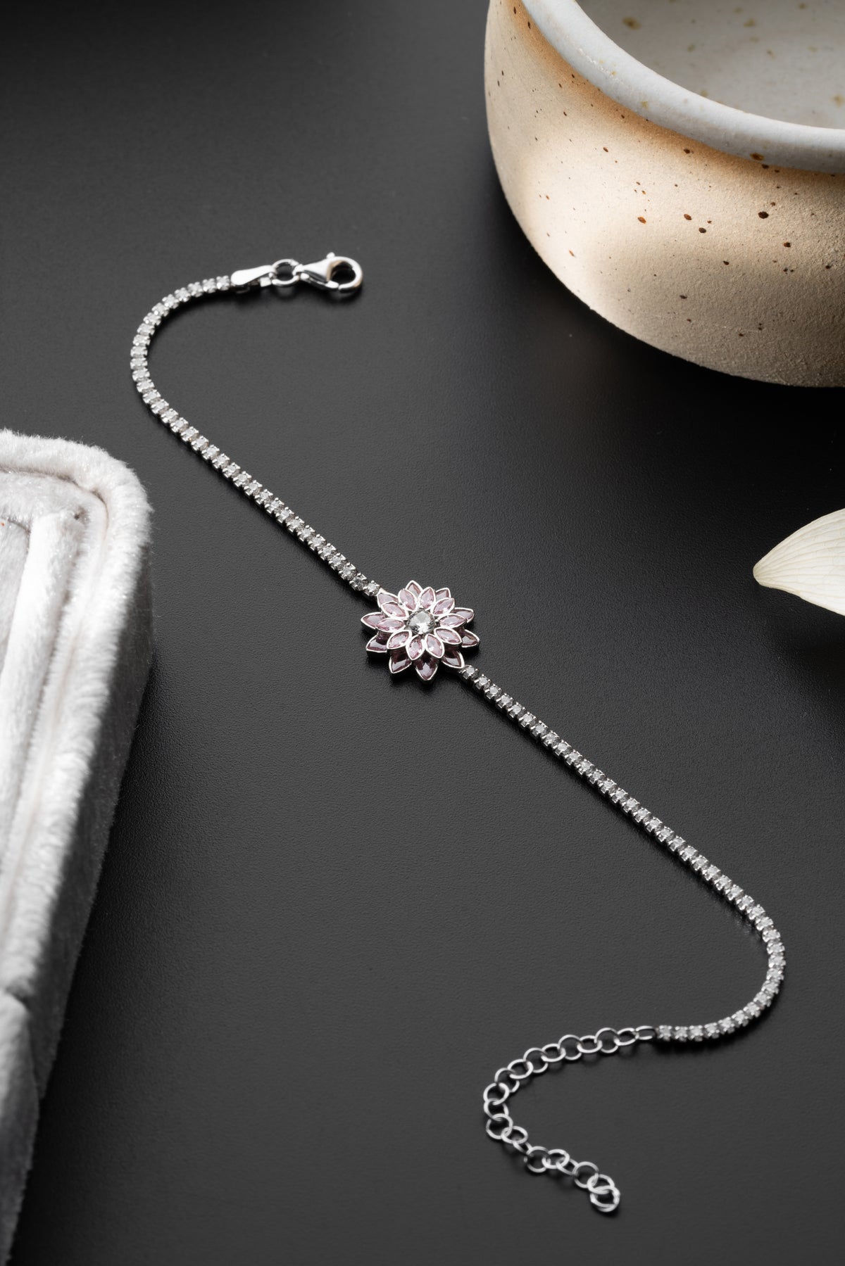 Pink Flower Tennis Bracelet in Silver