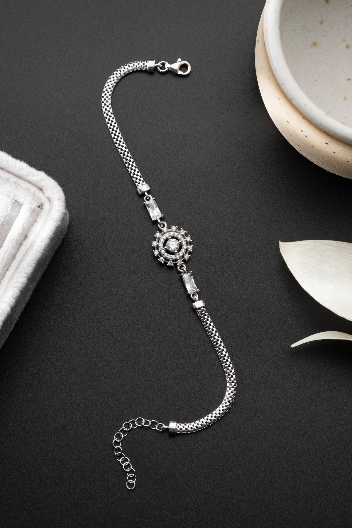 Crystal Flower Medallion Bracelet in Silver