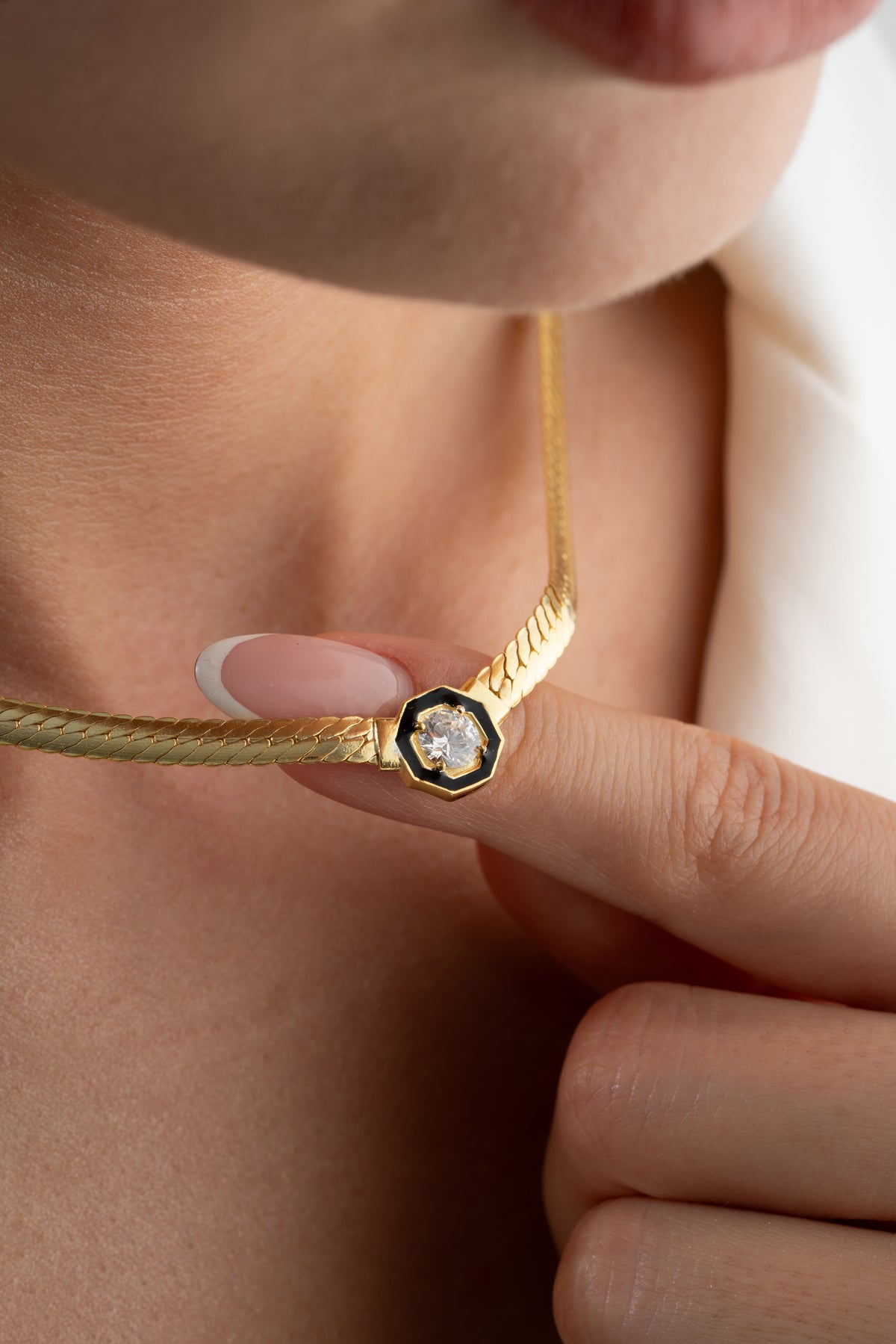 Black Enamel Stone Herringbone Necklace