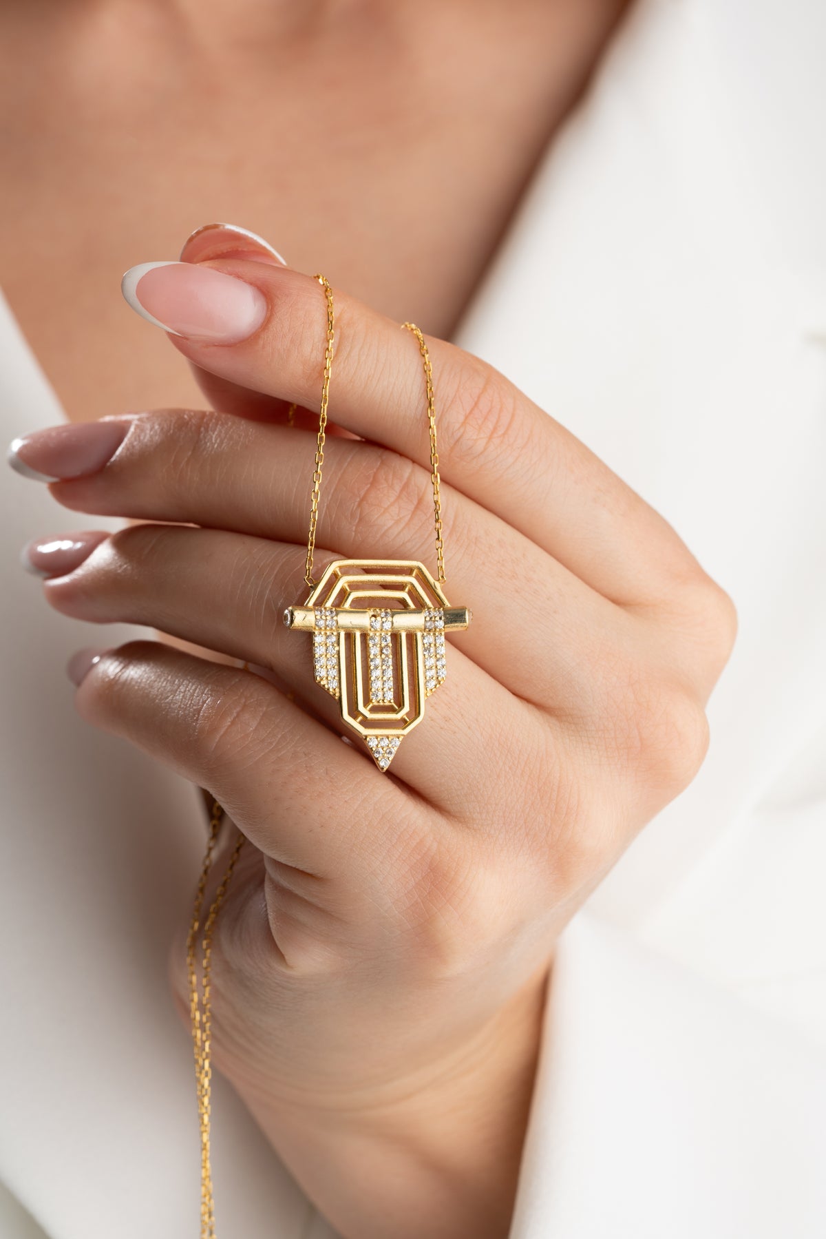 Geometric Deco Pendant Necklace in Gold