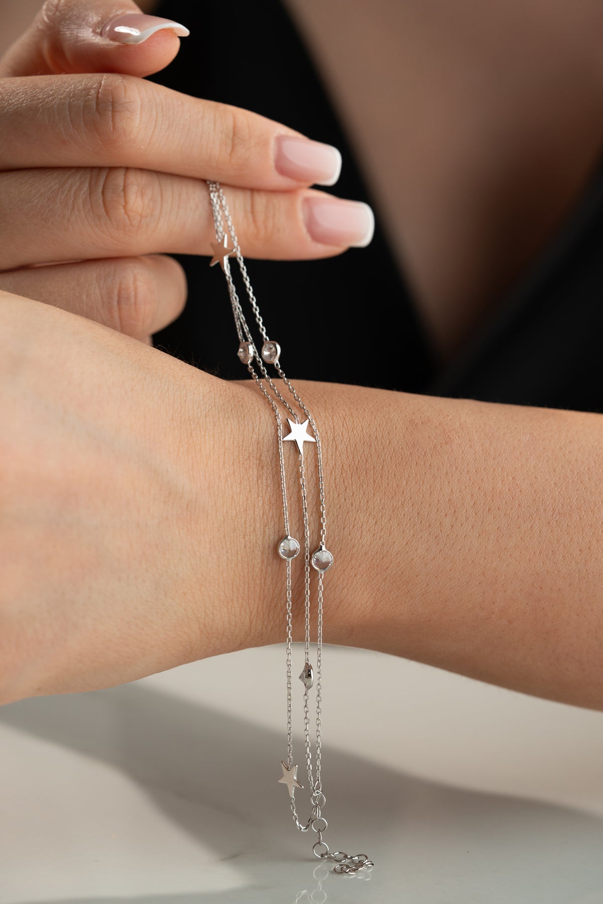 Triple Chain Star Charm Bracelet in Silver
