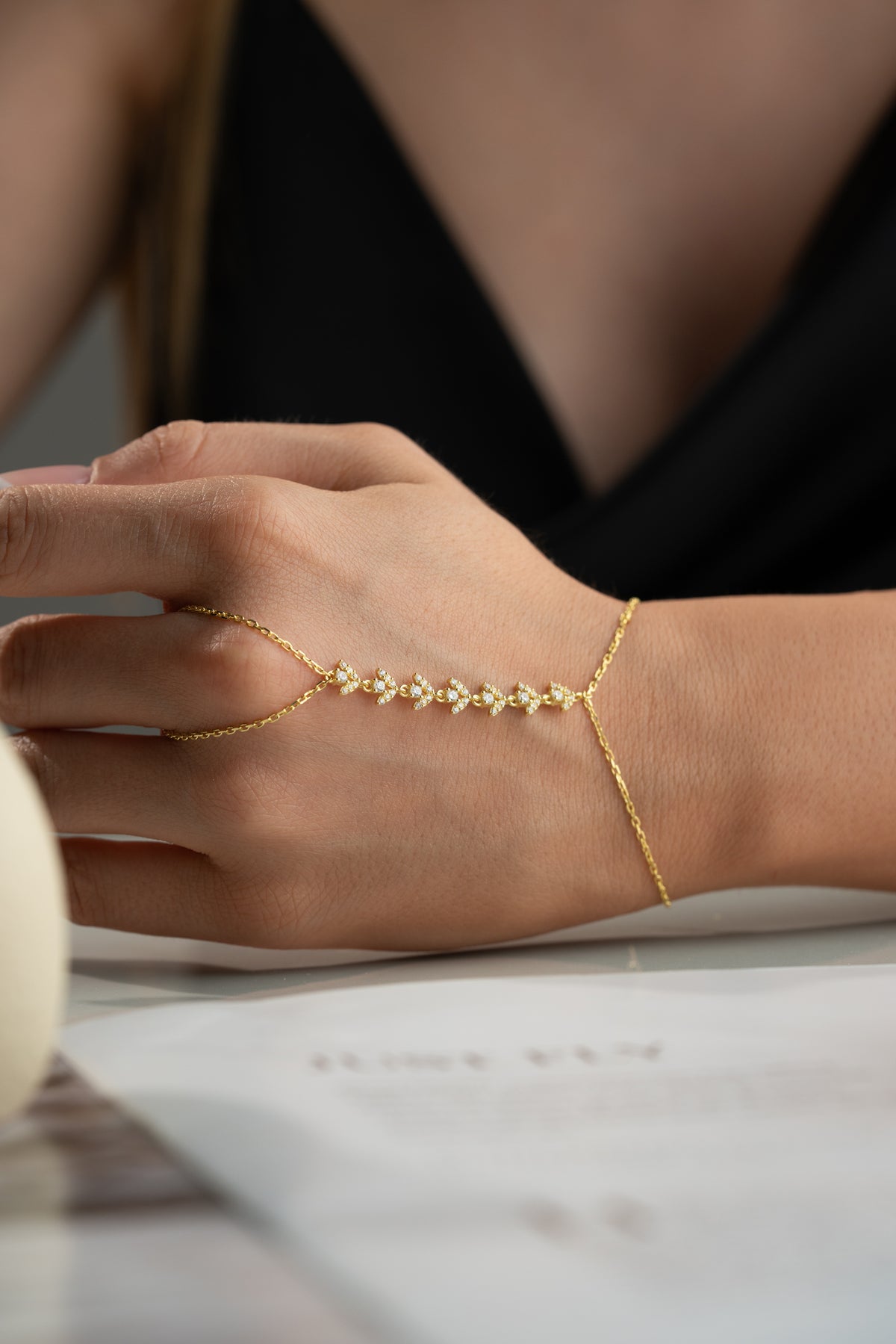 Gold Crystal Leaf Vine Hand Chain