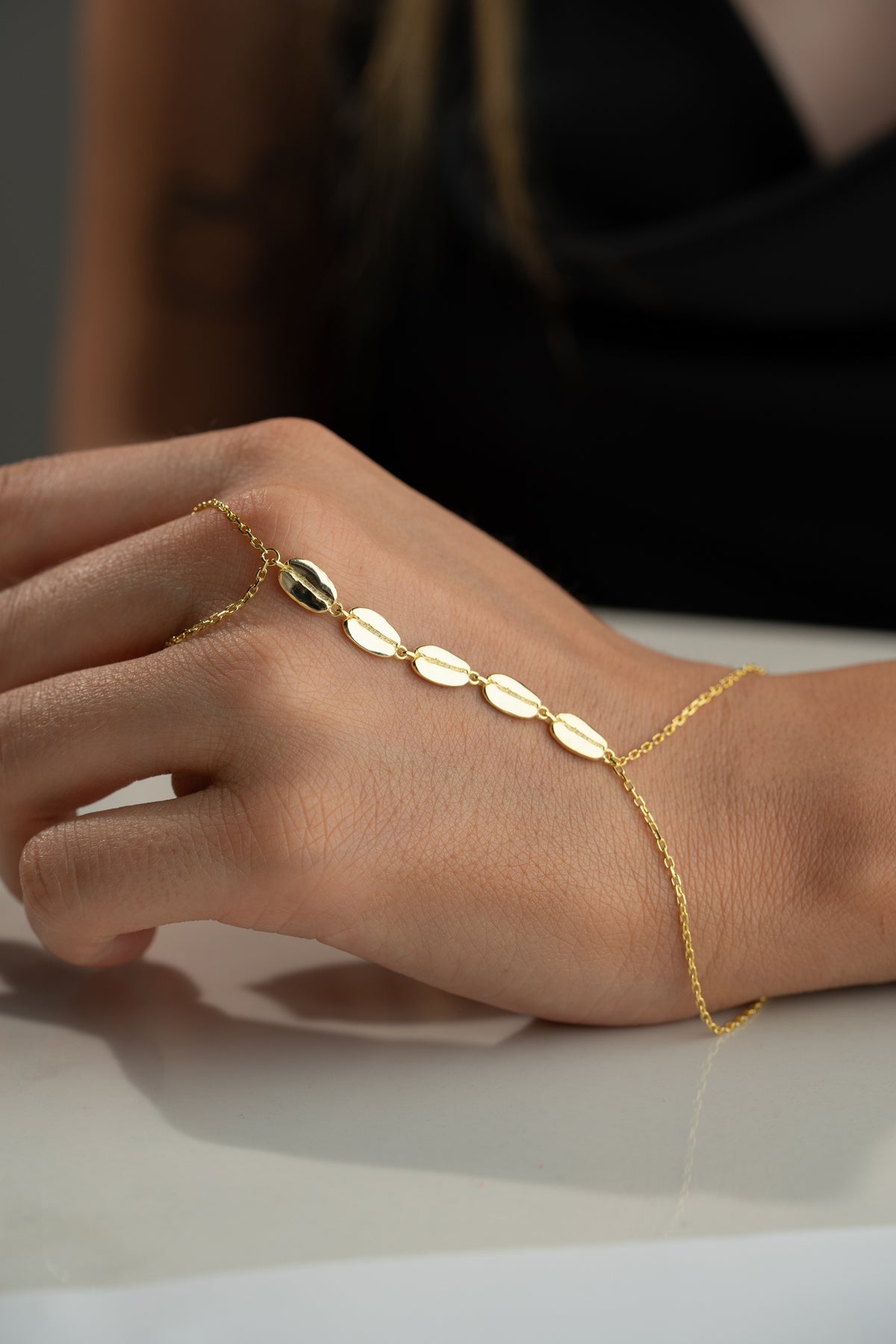 Oval Plaque Gold Hand Chain Bracelet
