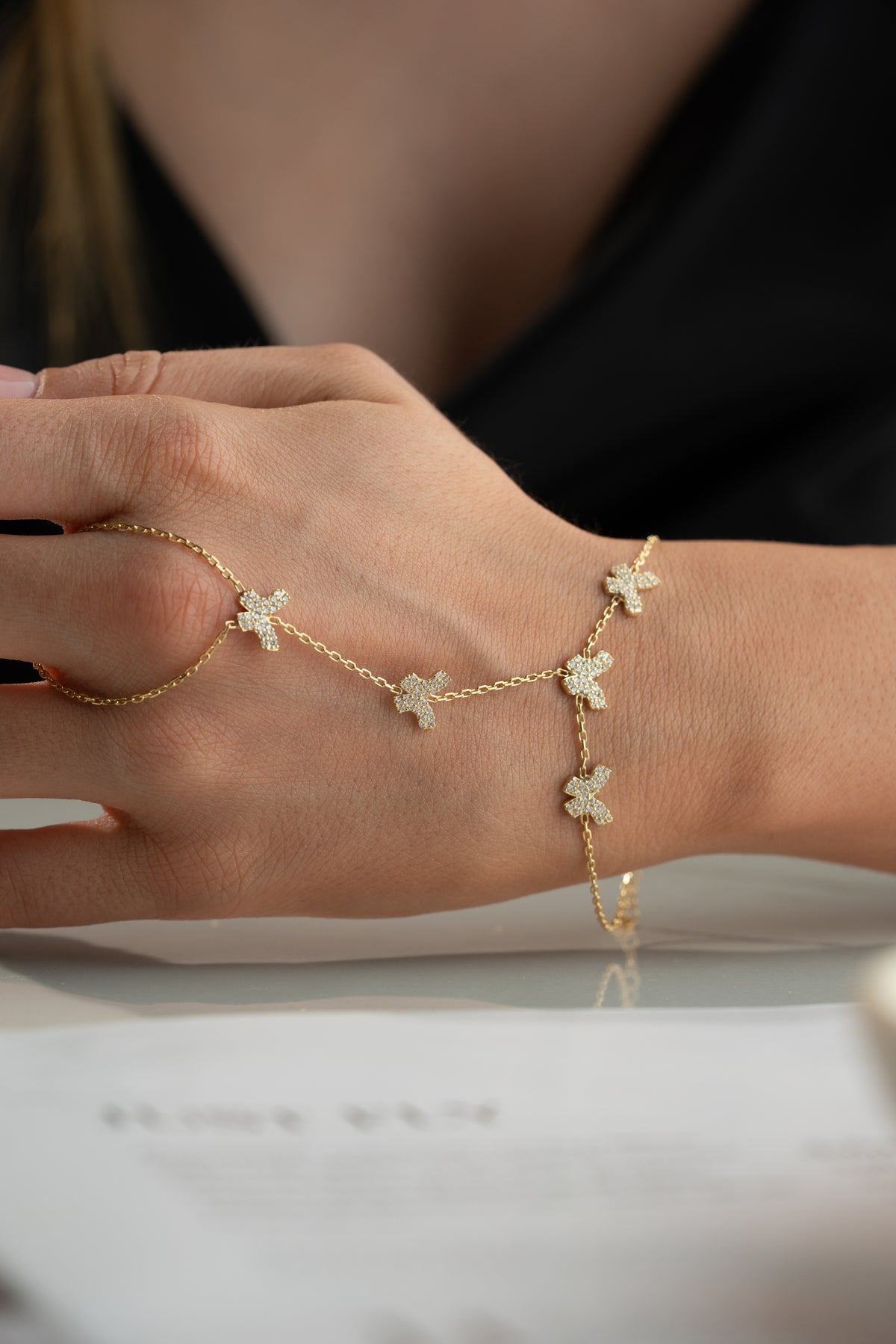 Pave Crystal Butterfly Hand Chain Bracelet