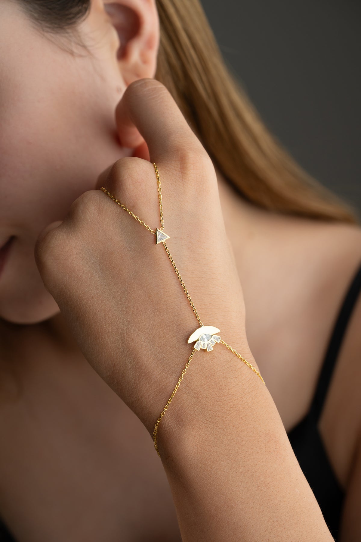 Sunburst Eye Hand Chain Bracelet in Gold