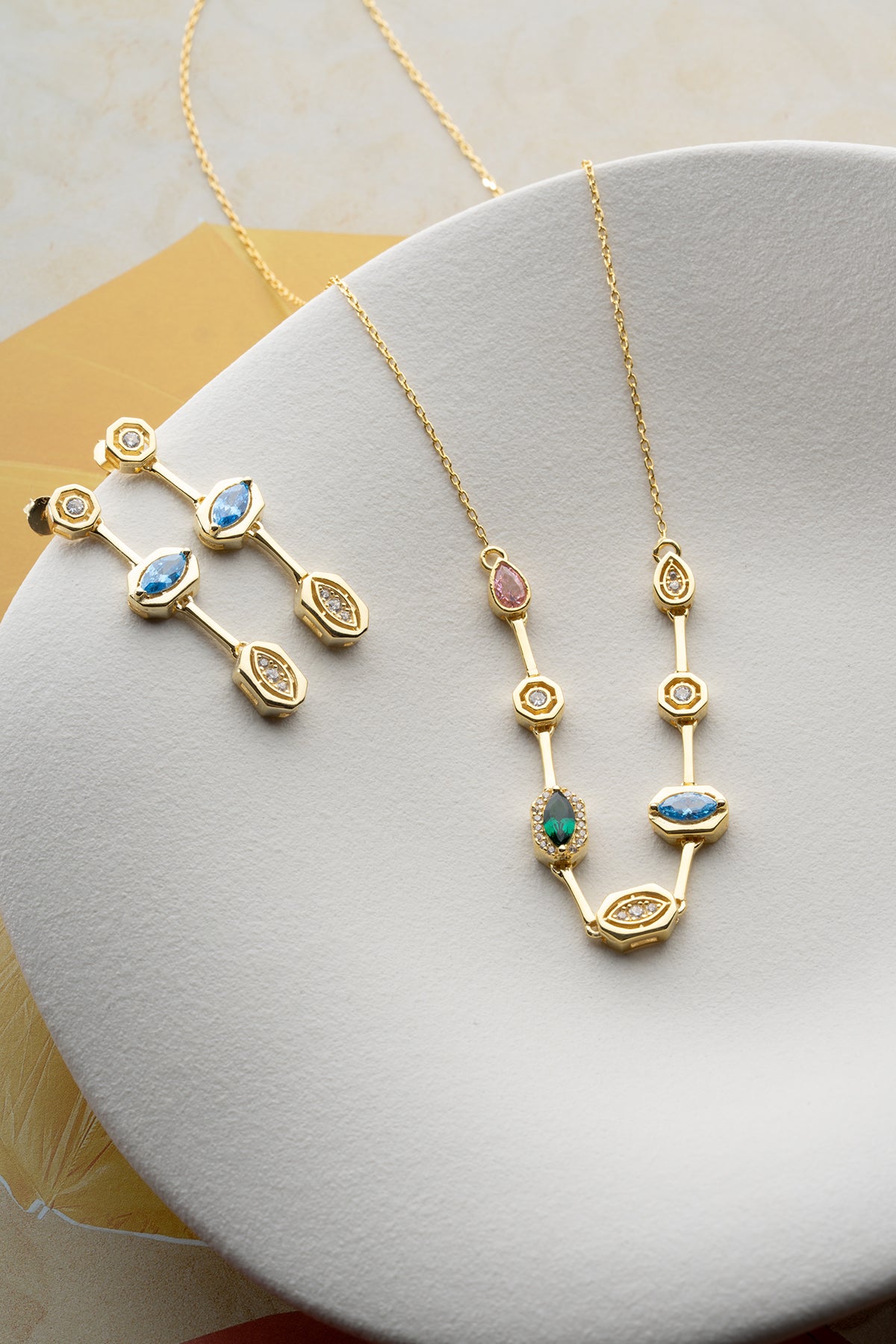 Multicolor Gemstone Drop Necklace and Earring Set