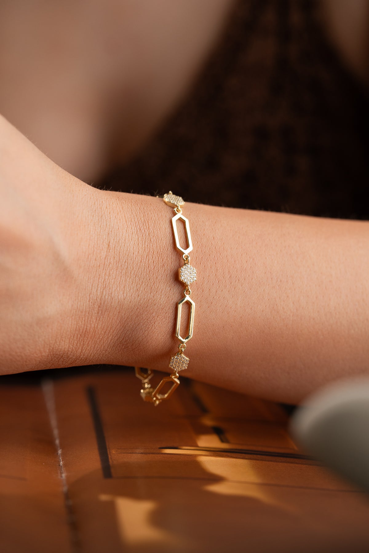 Hexagon Link Chain Bracelet in Gold
