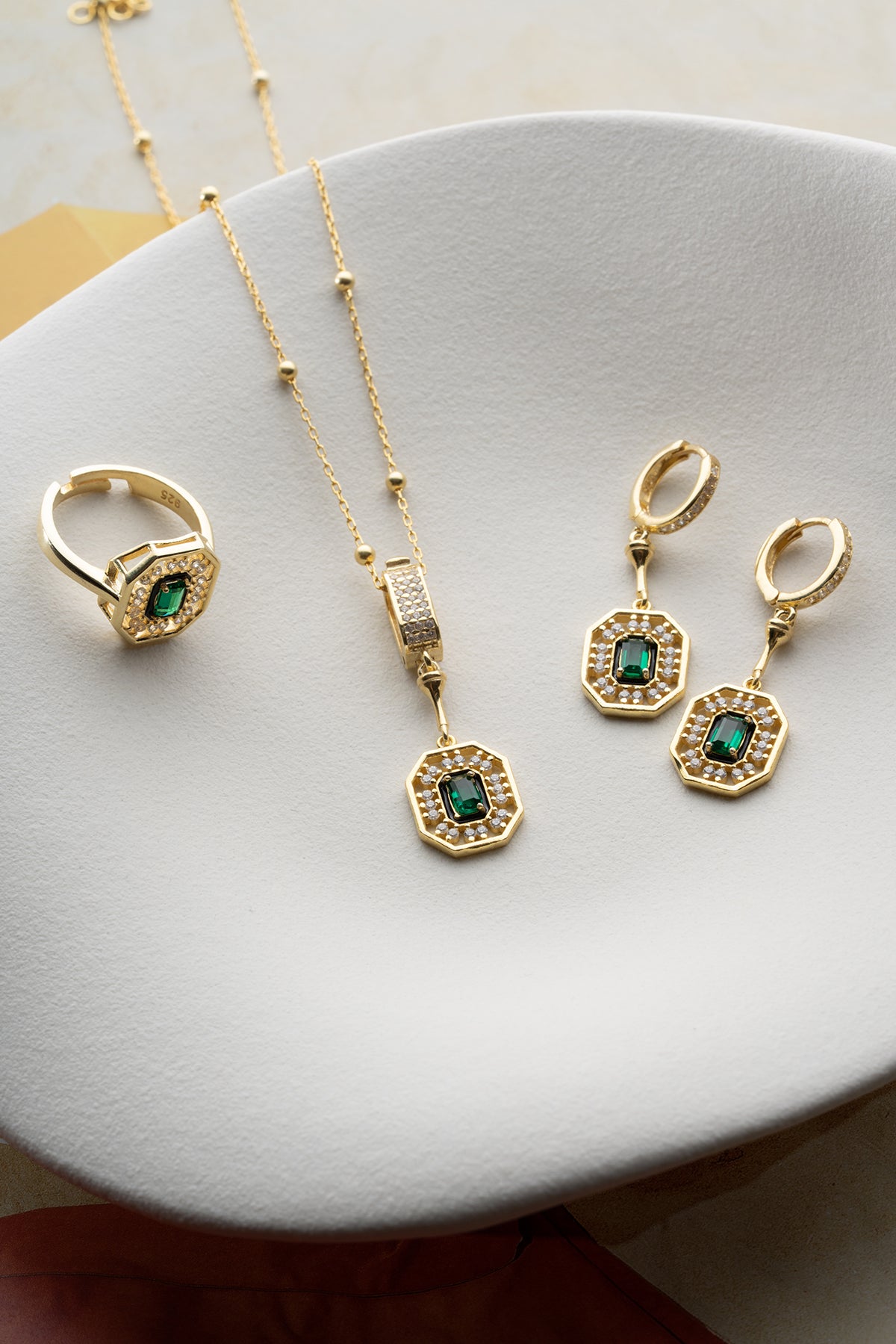 Emerald Halo Octagon Jewelry Set