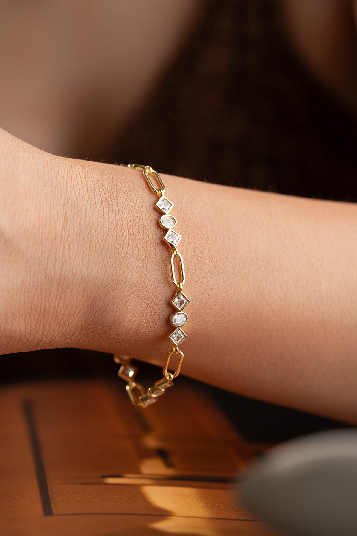Geometric Crystal Link Bracelet in Gold