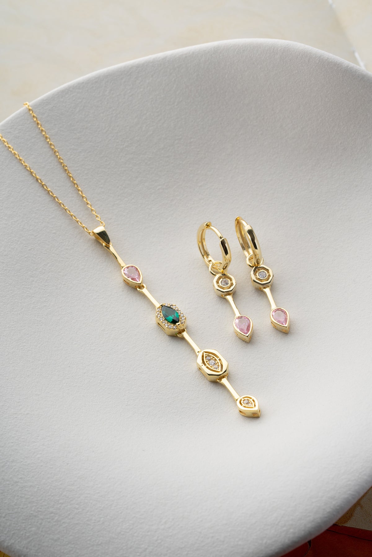 Emerald and Pink Crystal Drop Jewelry Set