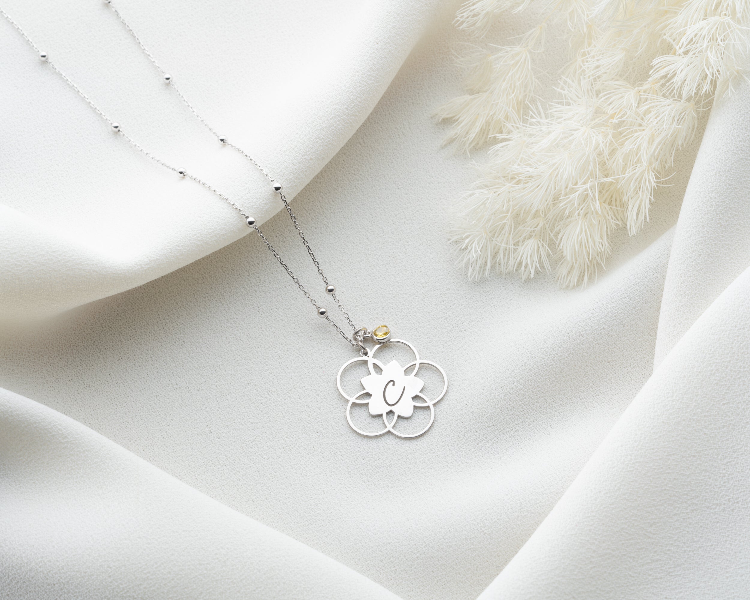 Lotus Flower Initial Birthstone Necklace