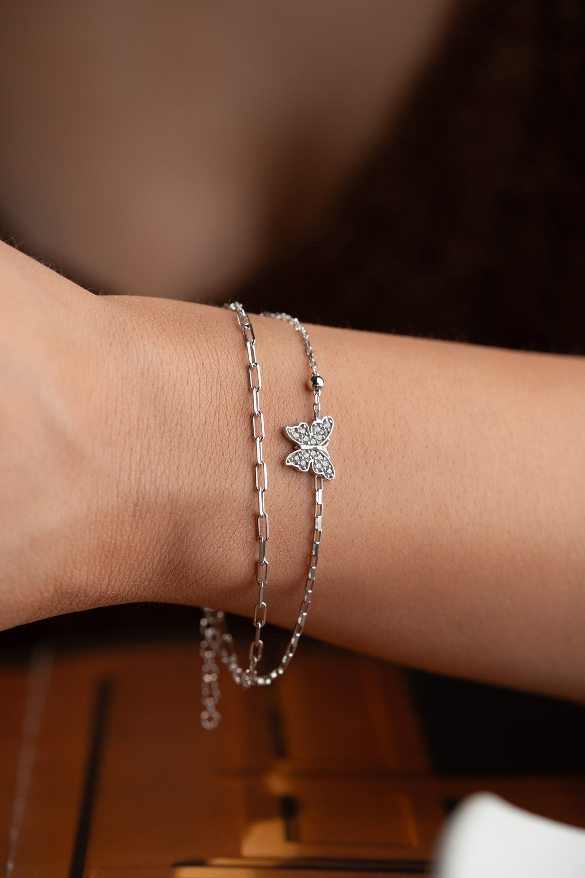 Pave Butterfly Layered Chain Bracelet in Silver