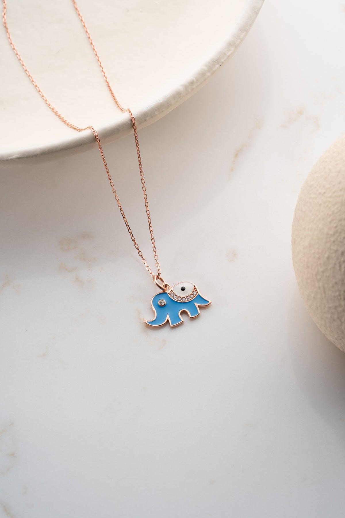 Evil Eye Elephant Charm Necklace in Rose Gold