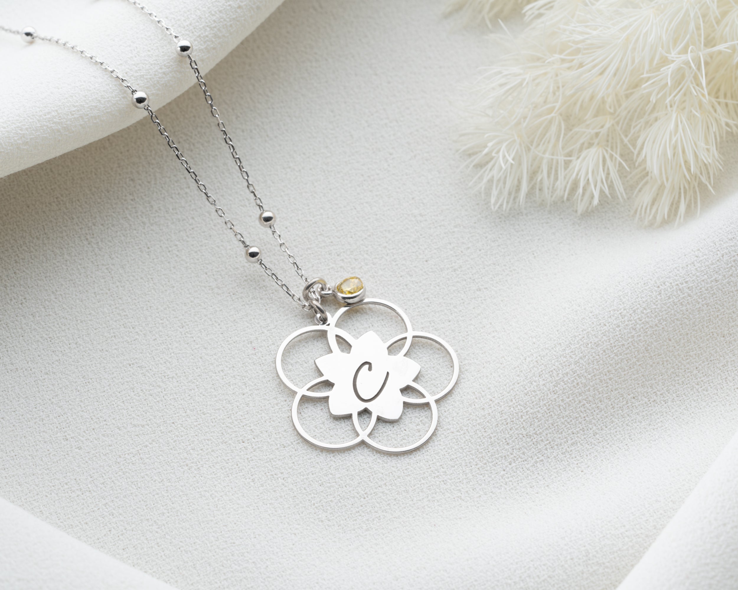 Lotus Flower Initial Birthstone Necklace