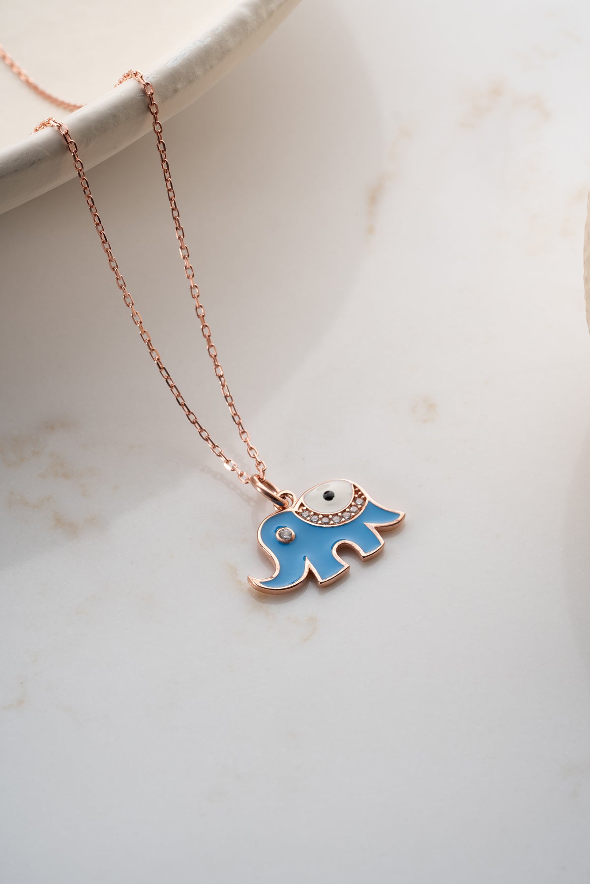 Evil Eye Elephant Charm Necklace in Rose Gold
