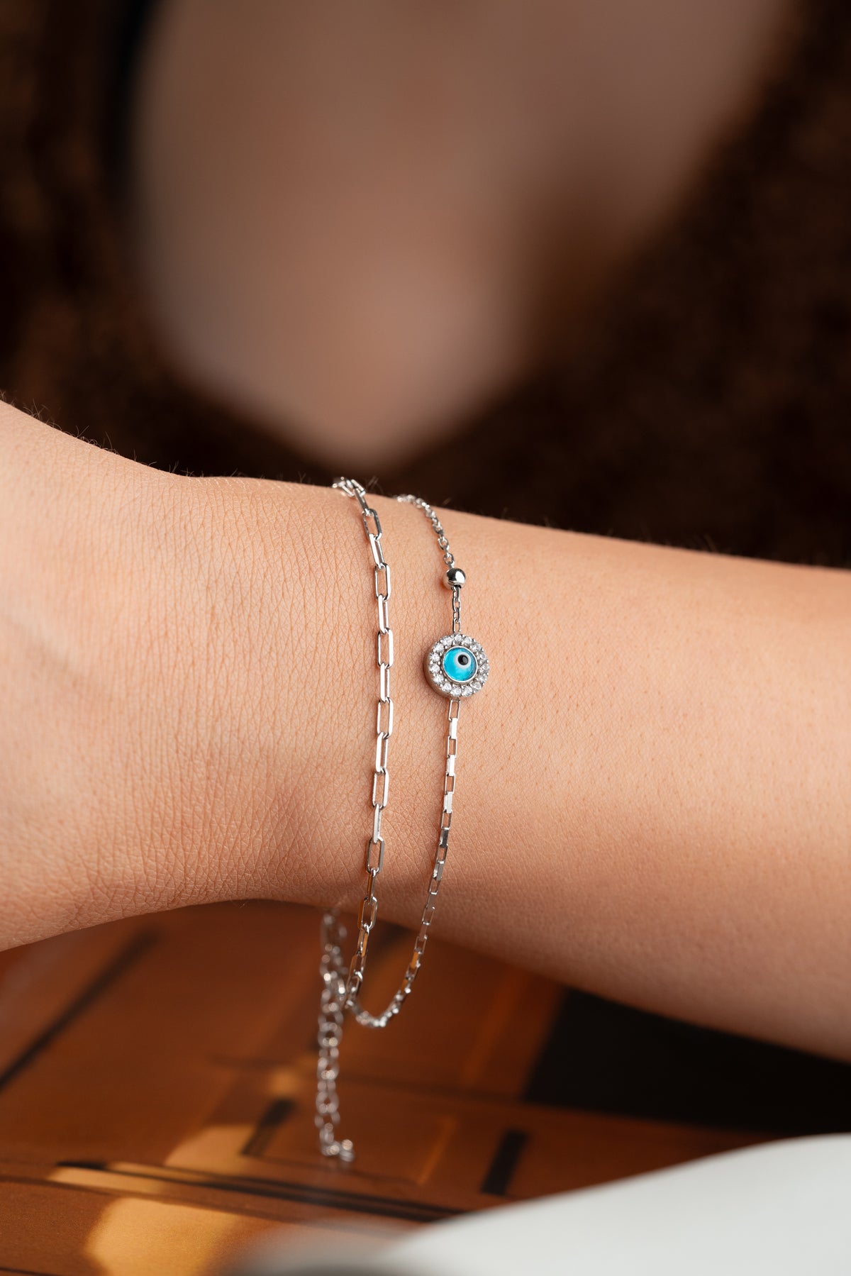 Double Chain Evil Eye Bracelet in Silver