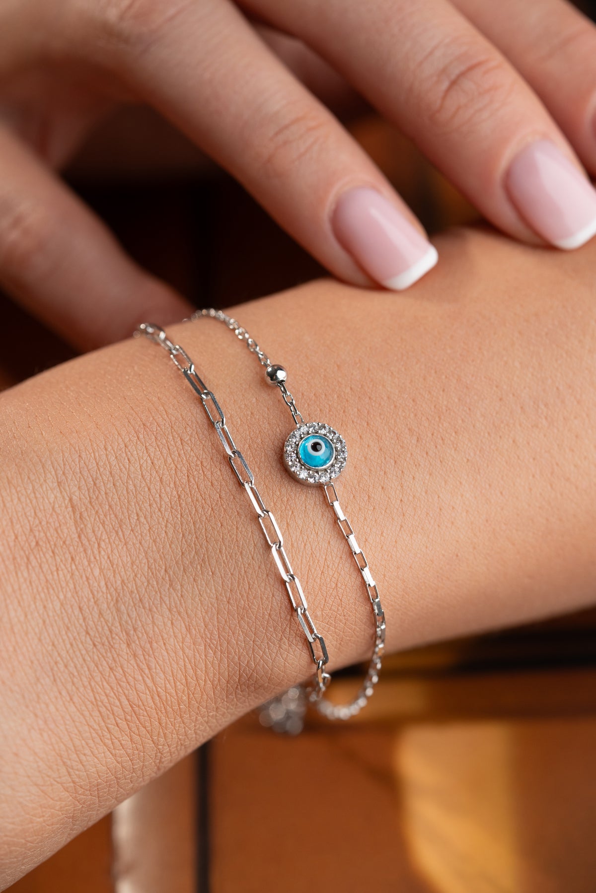 Double Chain Evil Eye Bracelet in Silver