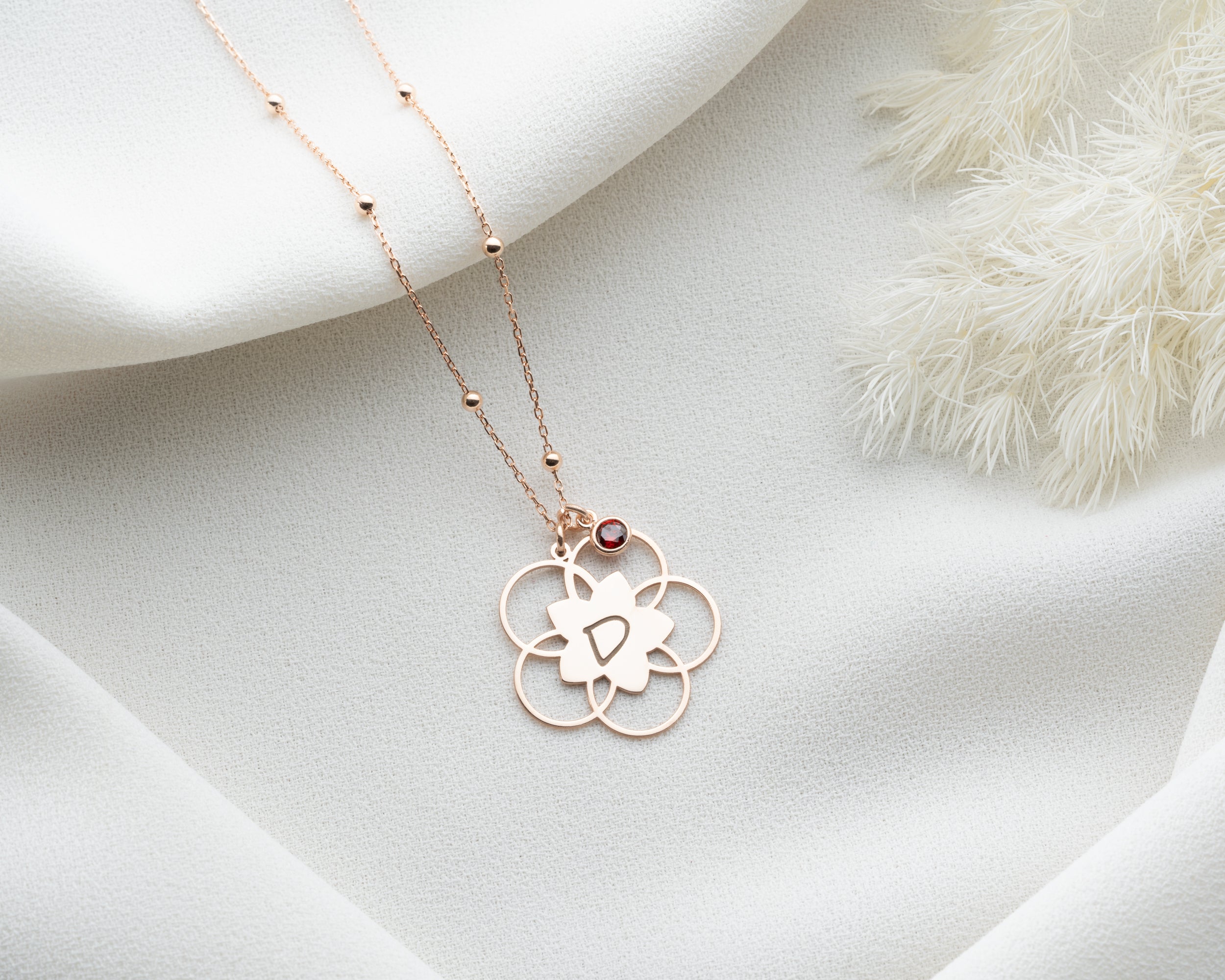 Lotus Flower Initial Birthstone Necklace