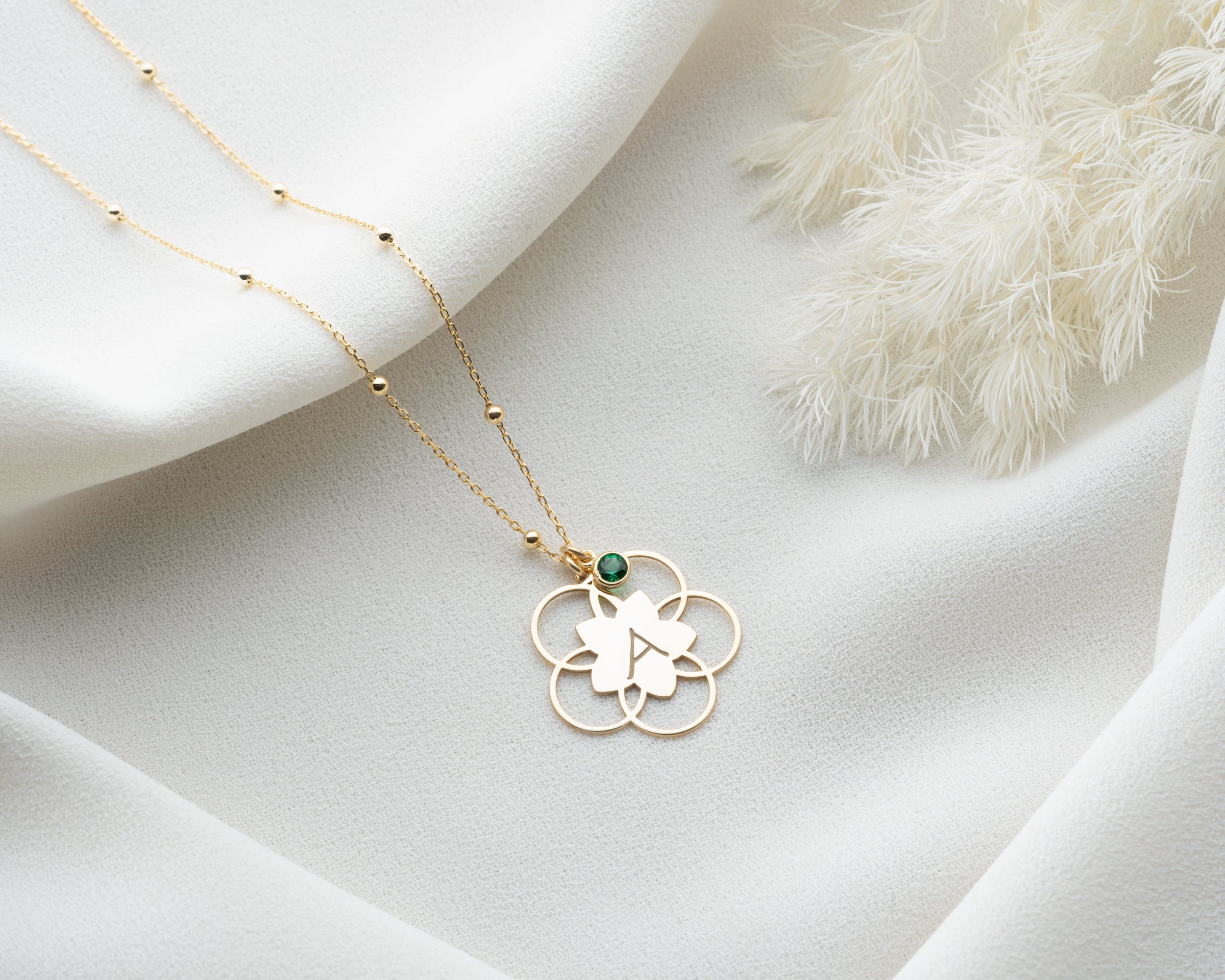 Lotus Flower Initial Birthstone Necklace