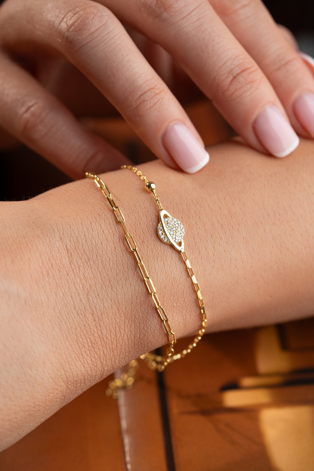 Double Chain Saturn Bracelet in Gold