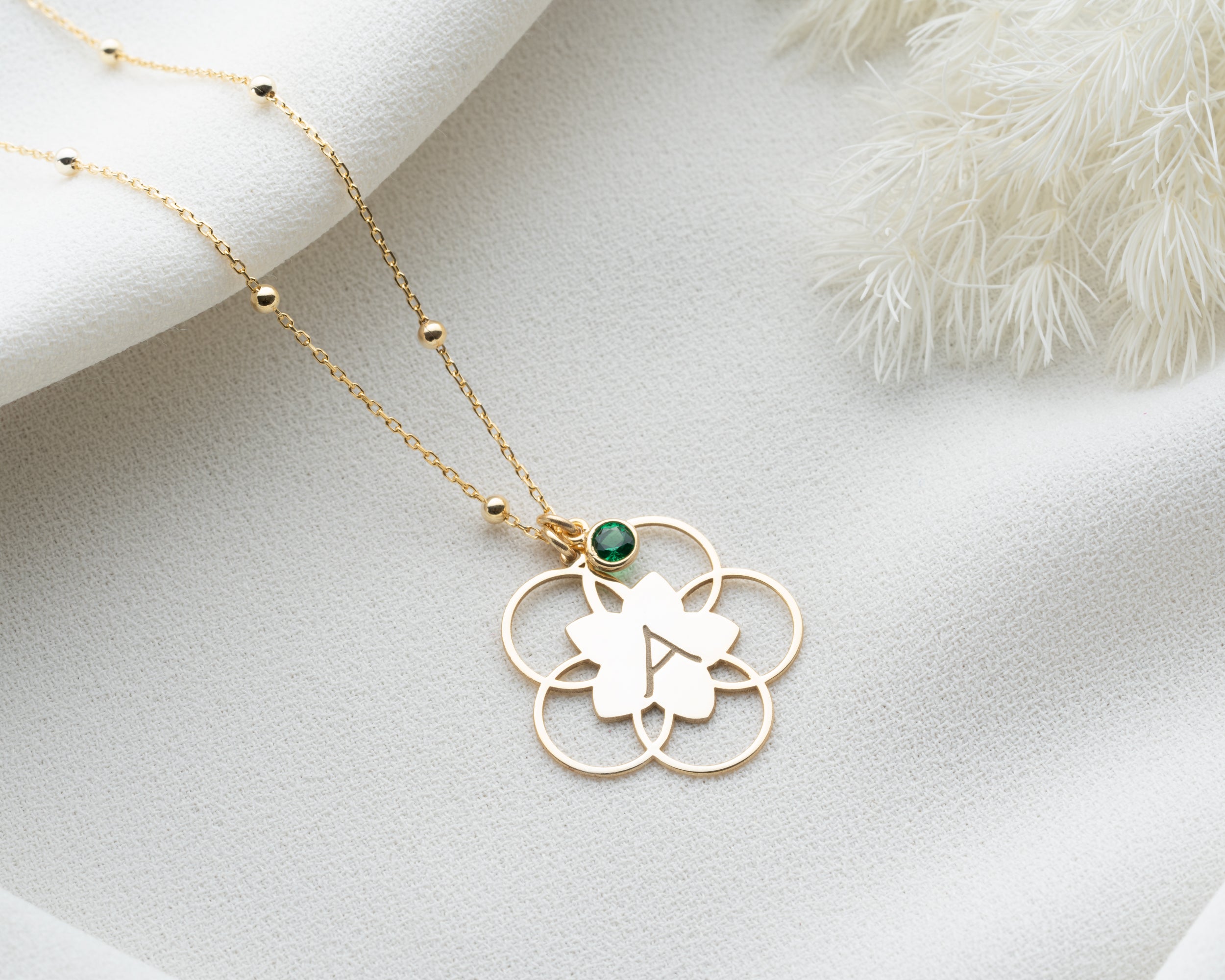 Lotus Flower Initial Birthstone Necklace