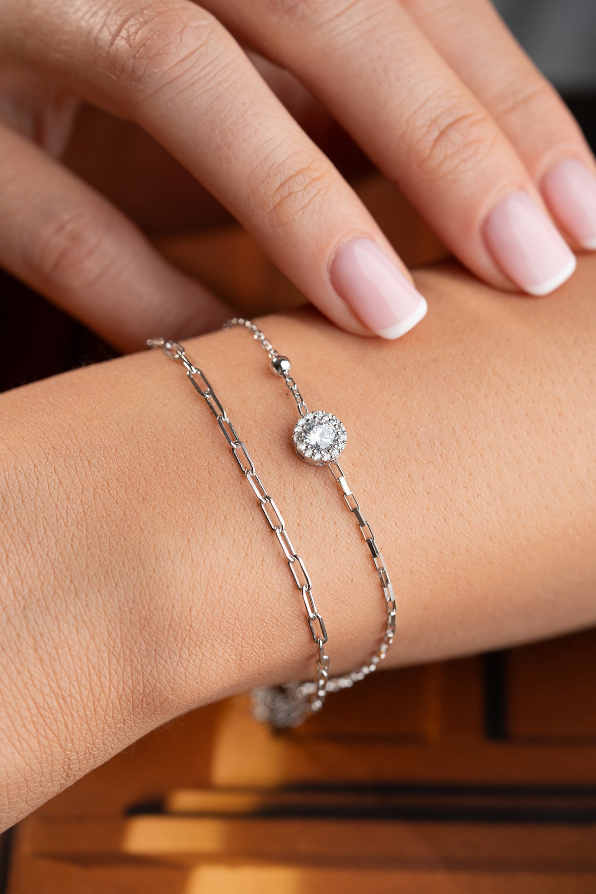 Layered Chain Halo Solitaire Bracelet