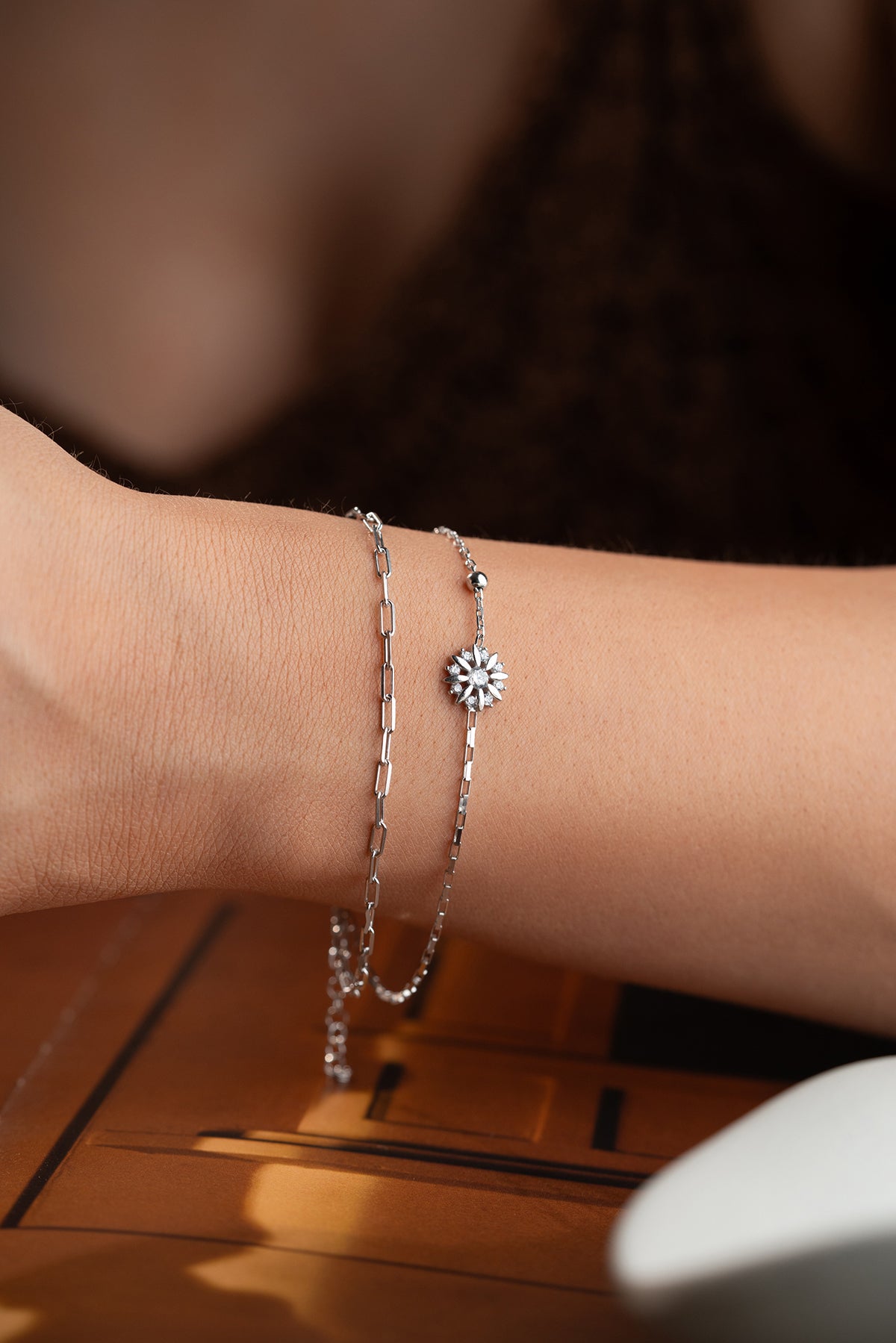Flower Charm Layered Chain Bracelet