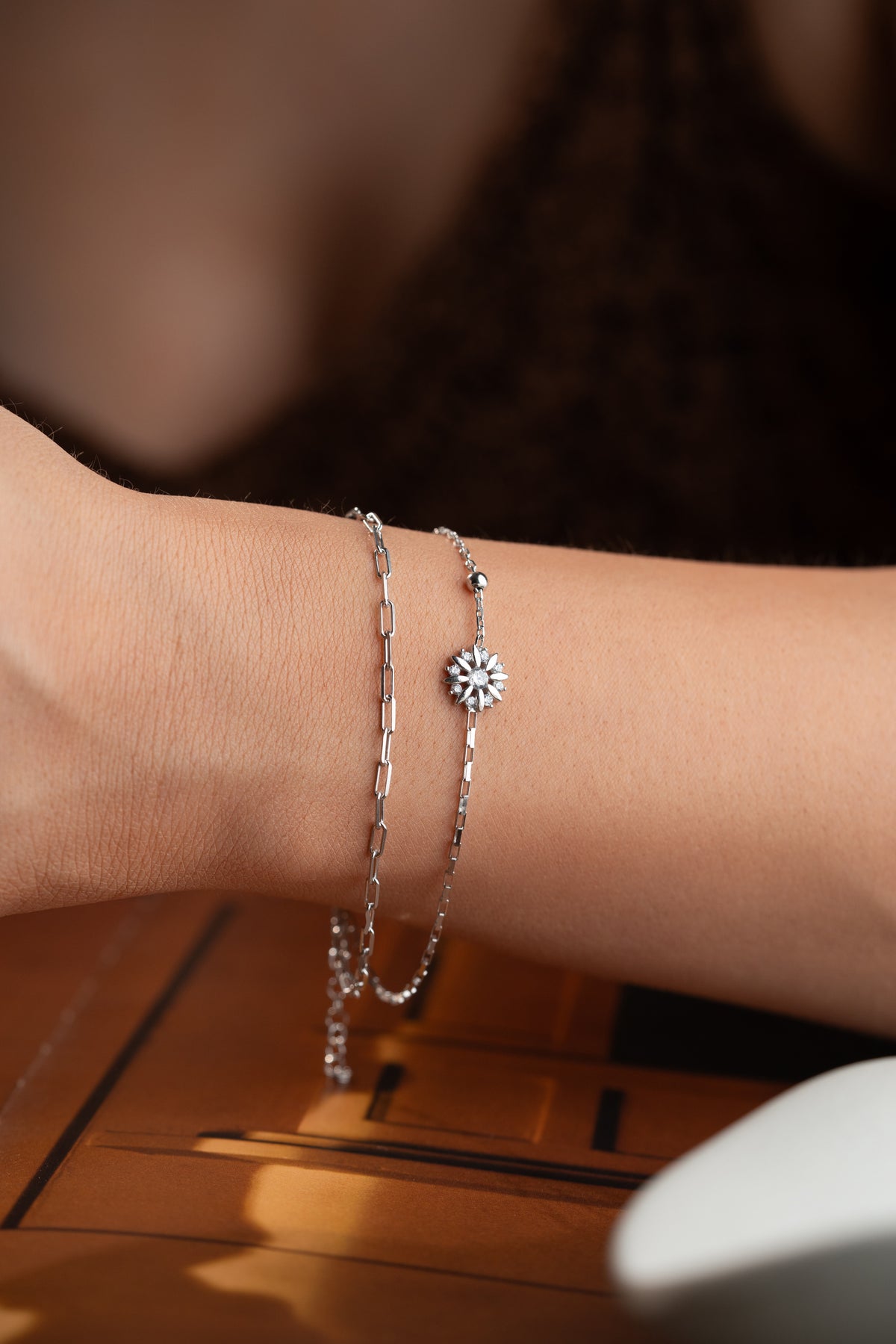 Double Chain Flower Charm Bracelet in Silver