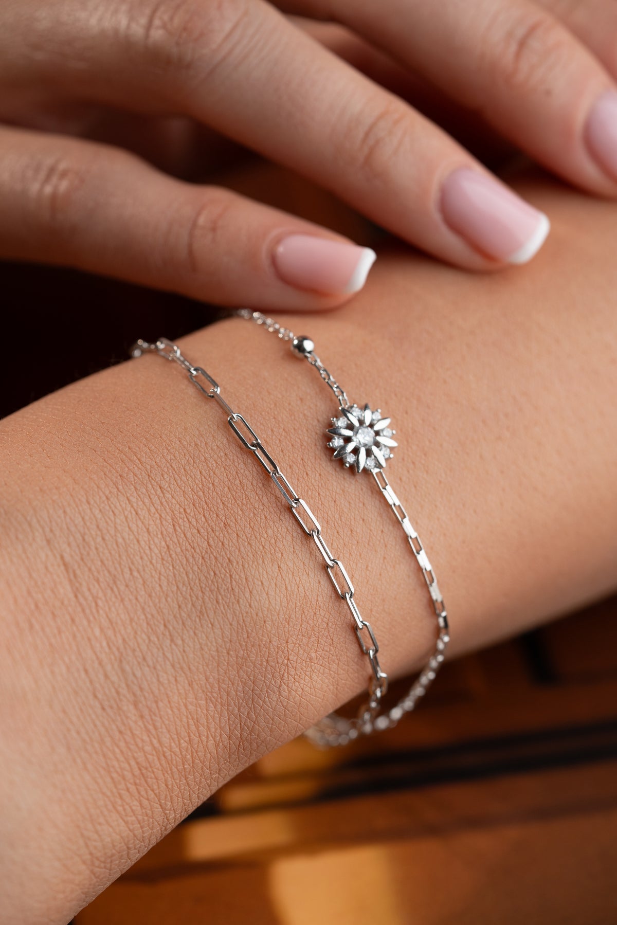 Double Chain Flower Charm Bracelet in Silver