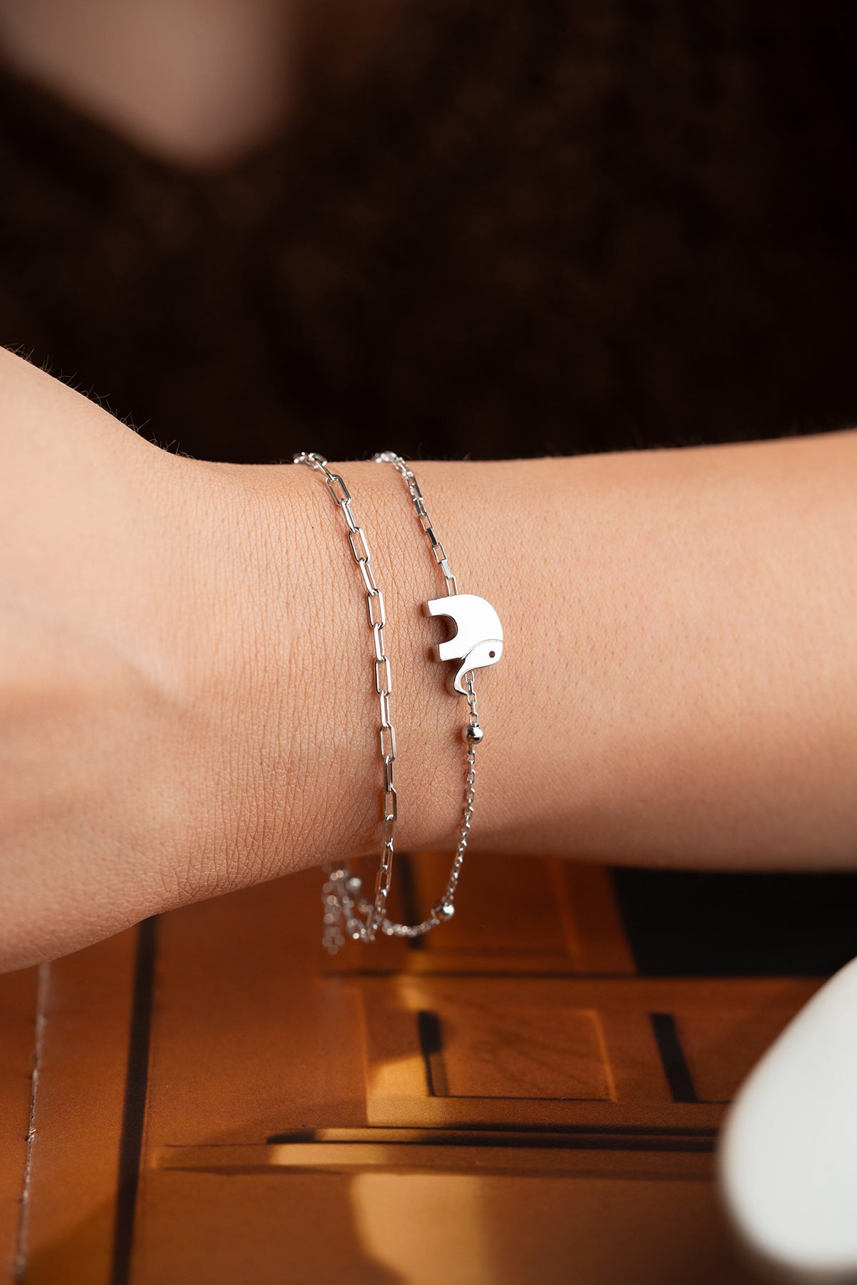 Elephant Charm Double Chain Bracelet in Silver