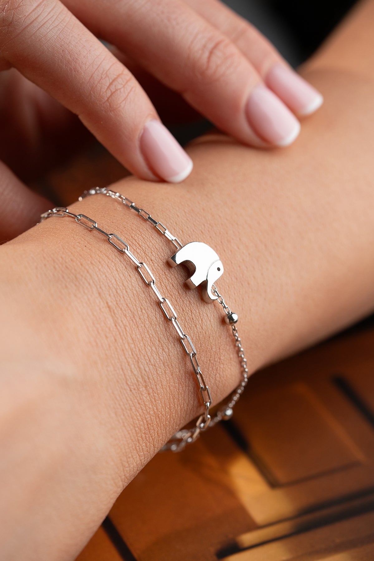 Elephant Charm Double Chain Bracelet in Silver