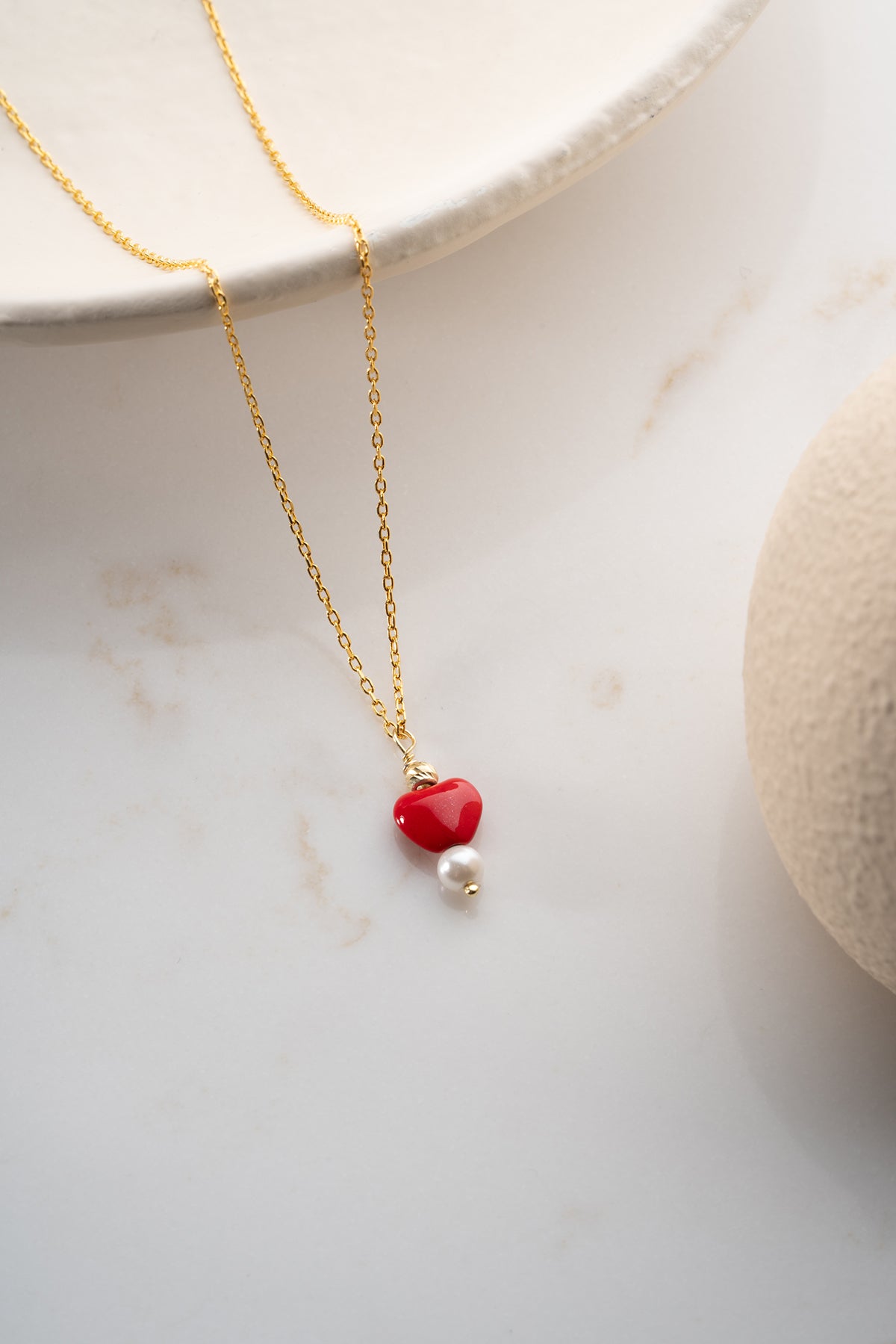 Red Heart and Pearl Charm Necklace