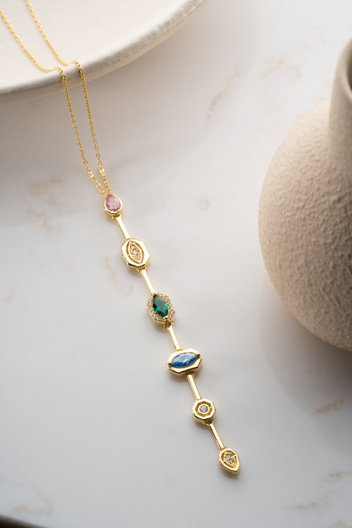 Multi Gemstone Vertical Drop Necklace
