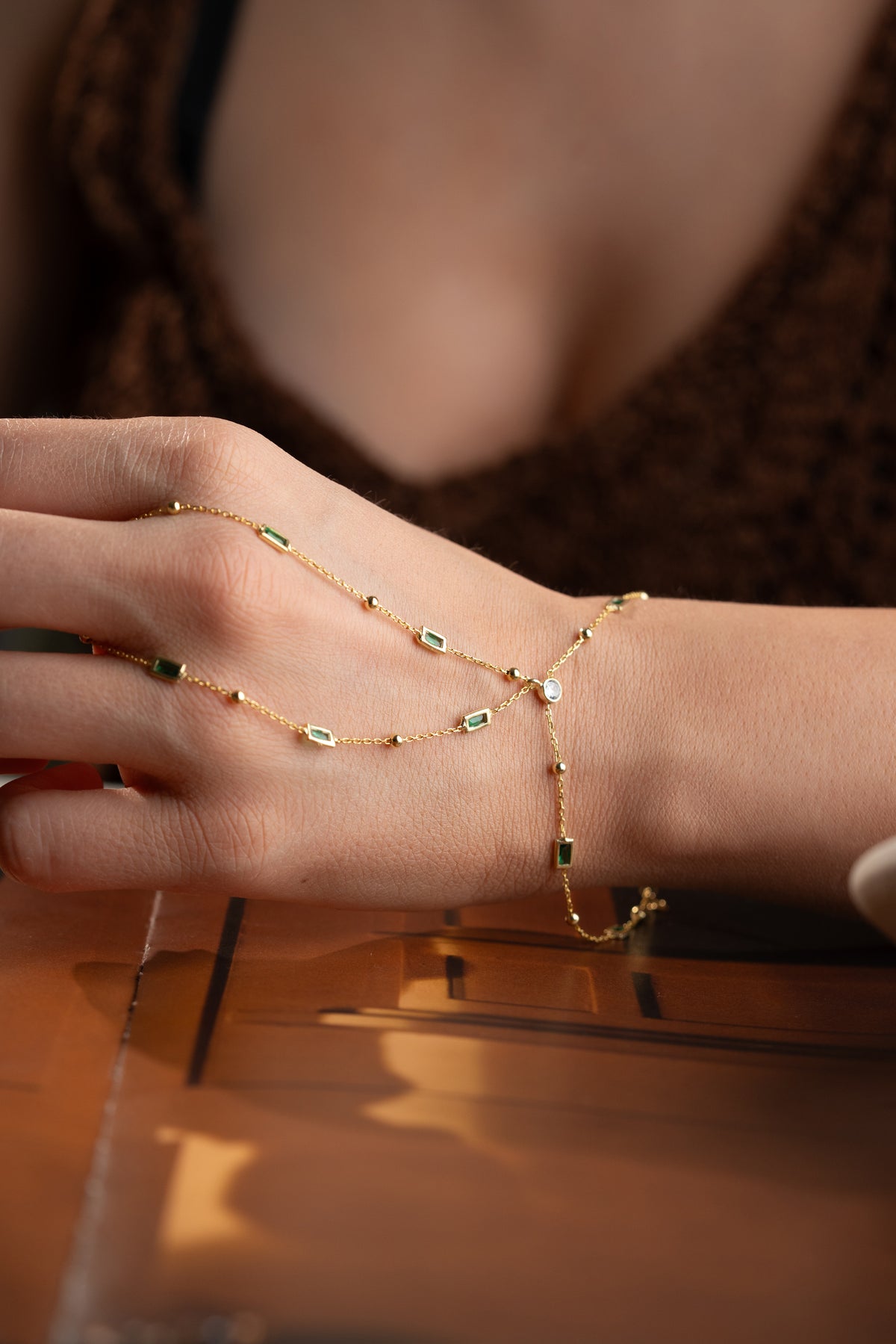 Emerald Baguette Hand Chain Bracelet