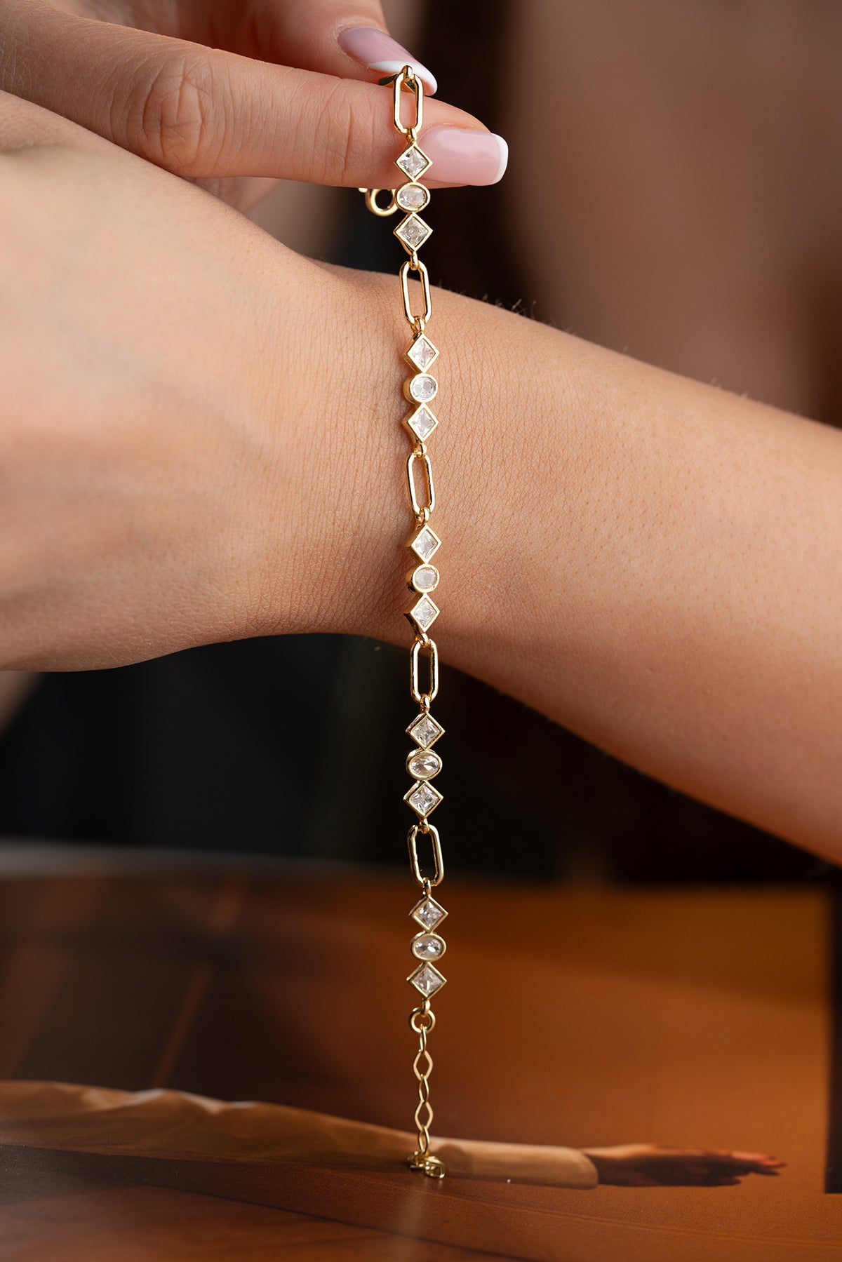 Geometric Crystal Link Bracelet in Gold