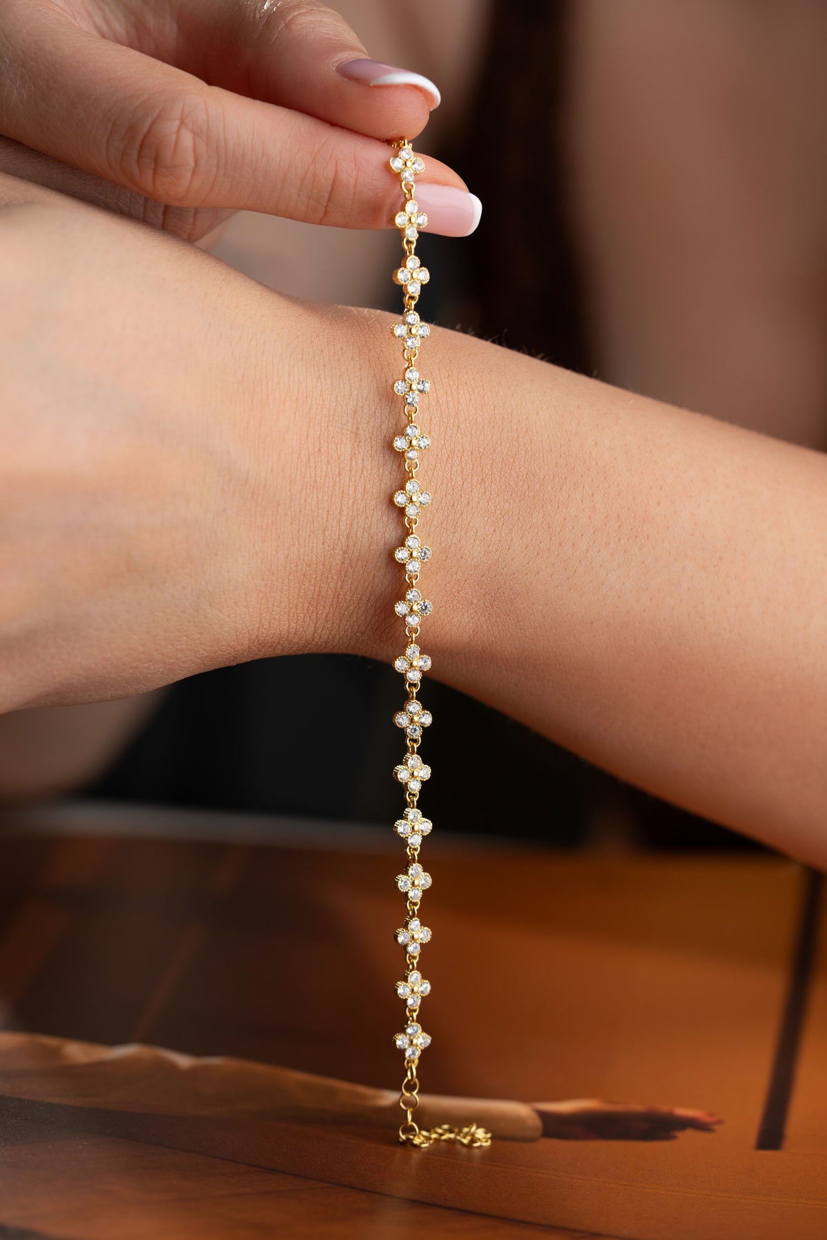 Pave Flower Link Bracelet in Gold